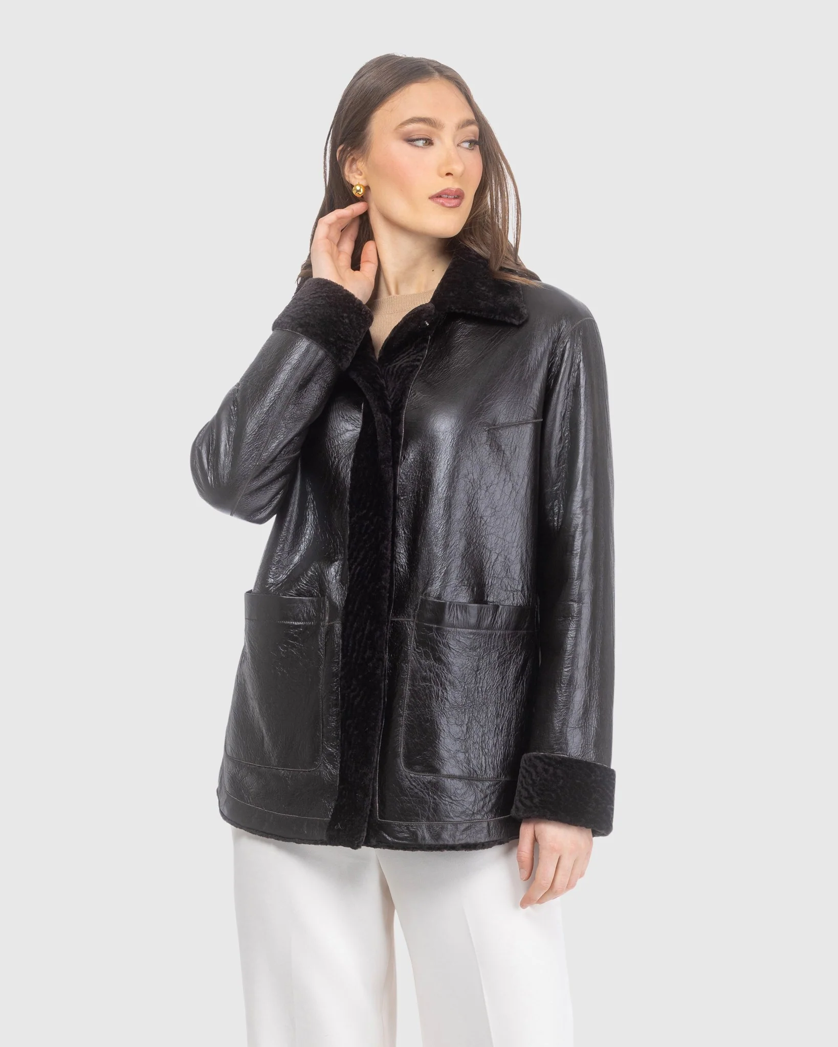 Reversible Textured Shearling Lamb Jacket - Image 6