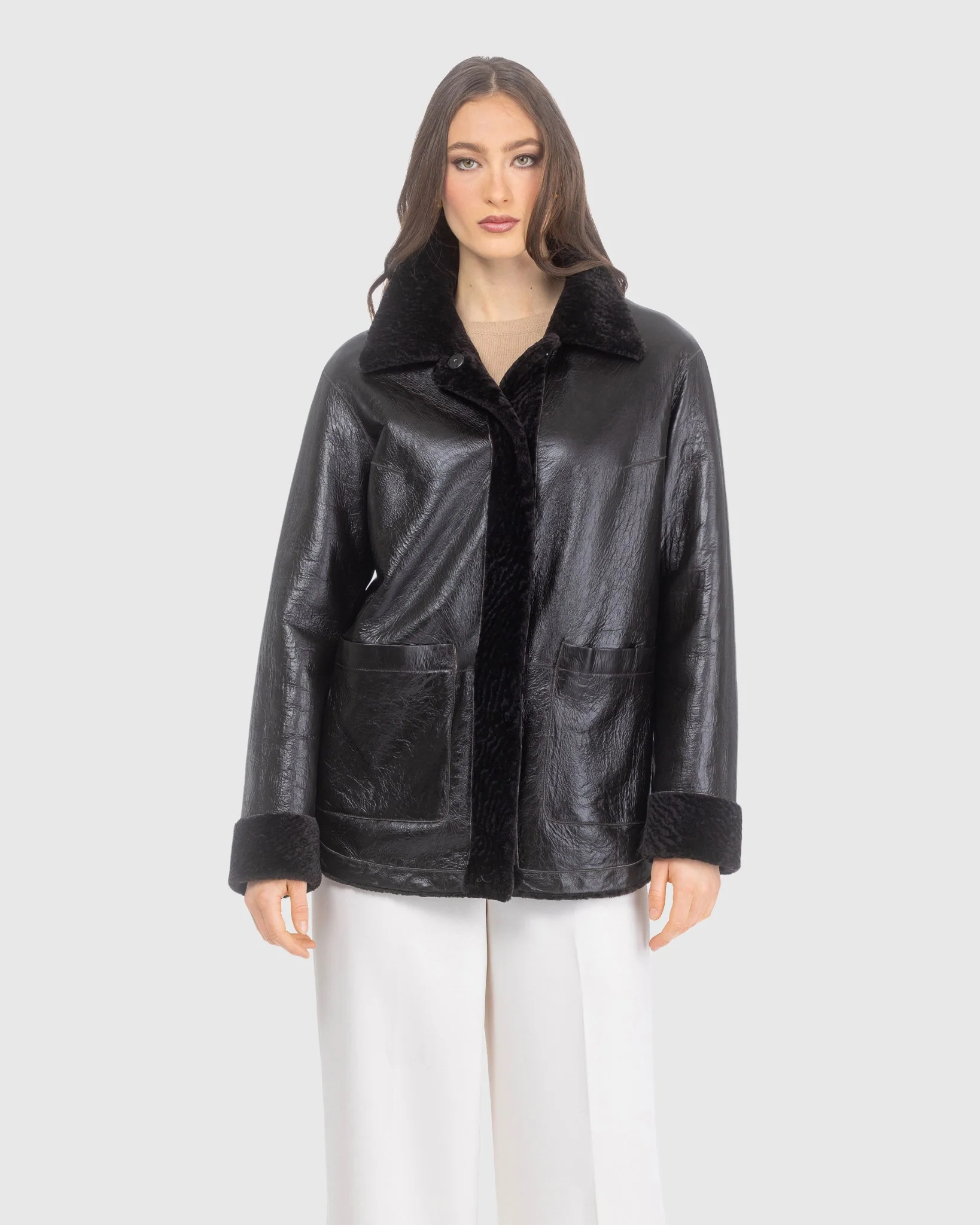 Reversible Textured Shearling Lamb Jacket - Image 7