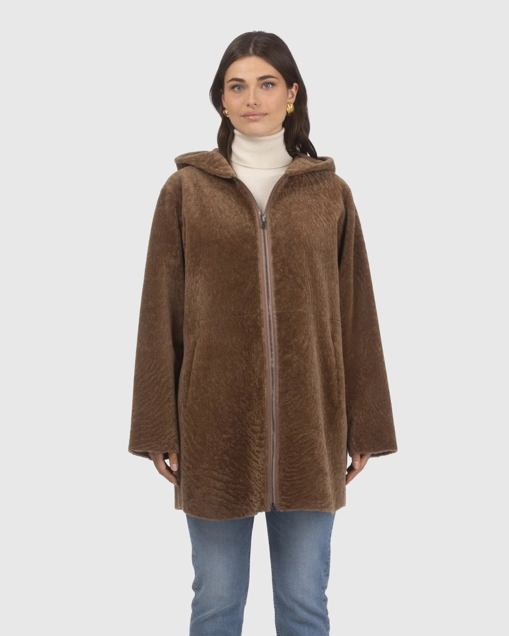 Reversible Textured Shearling Lamb Coat, Hood - Image 10