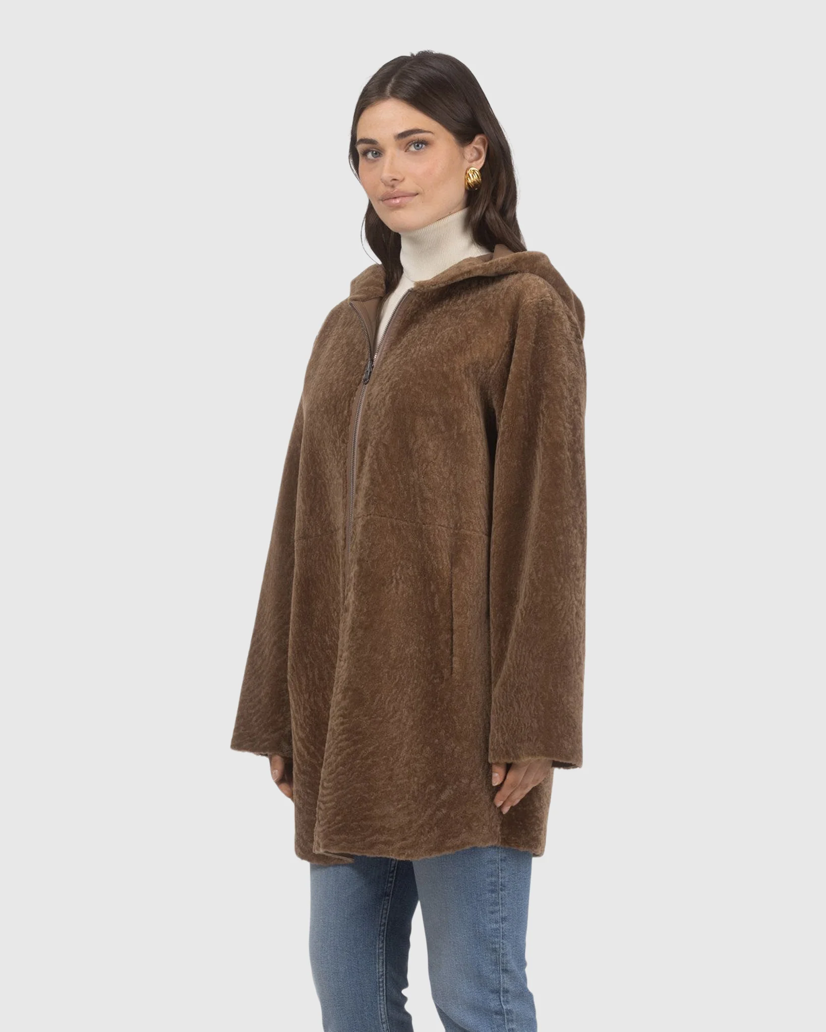 Reversible Textured Shearling Lamb Coat, Hood - Image 11