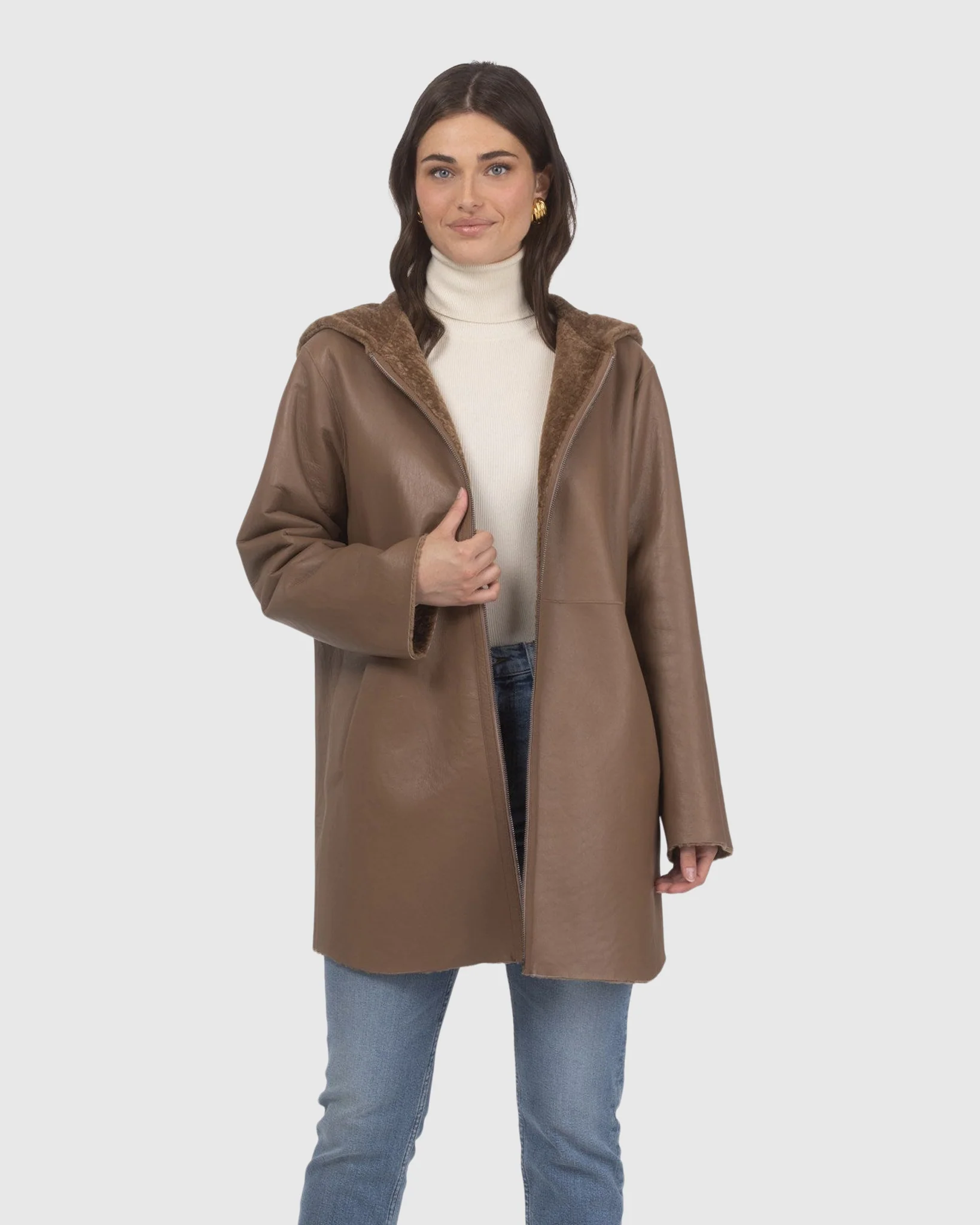Reversible Textured Shearling Lamb Coat, Hood - Image 14