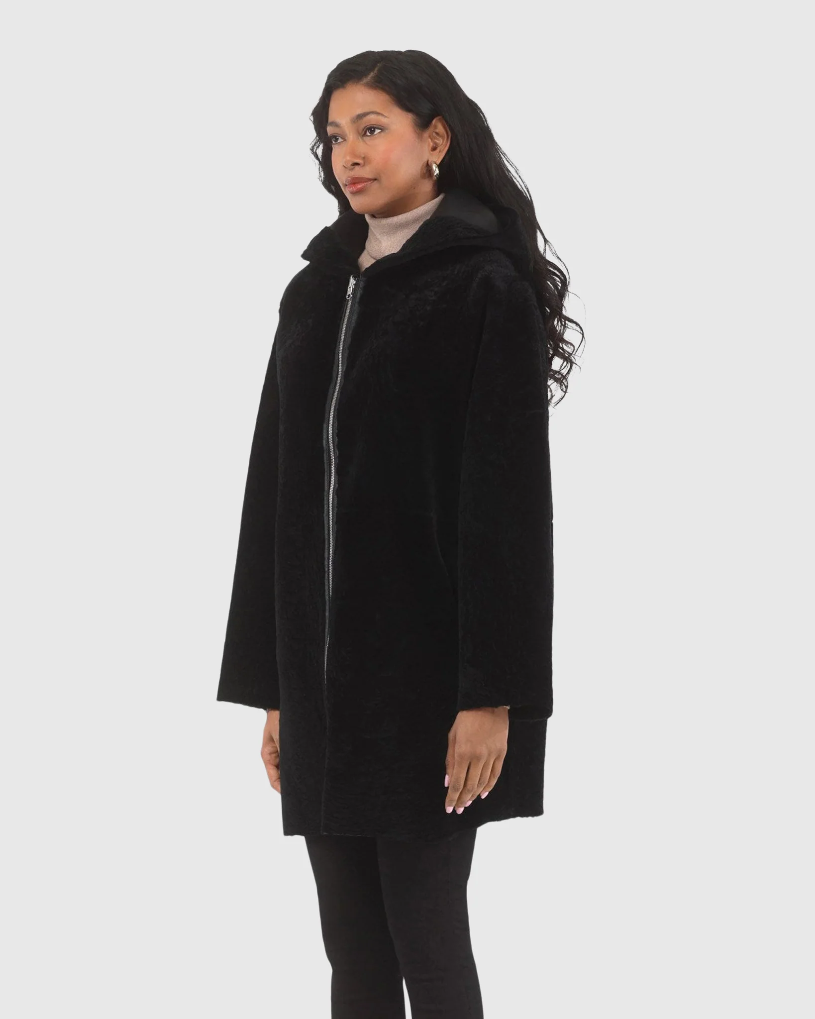 Reversible Textured Shearling Lamb Coat, Hood - Image 16