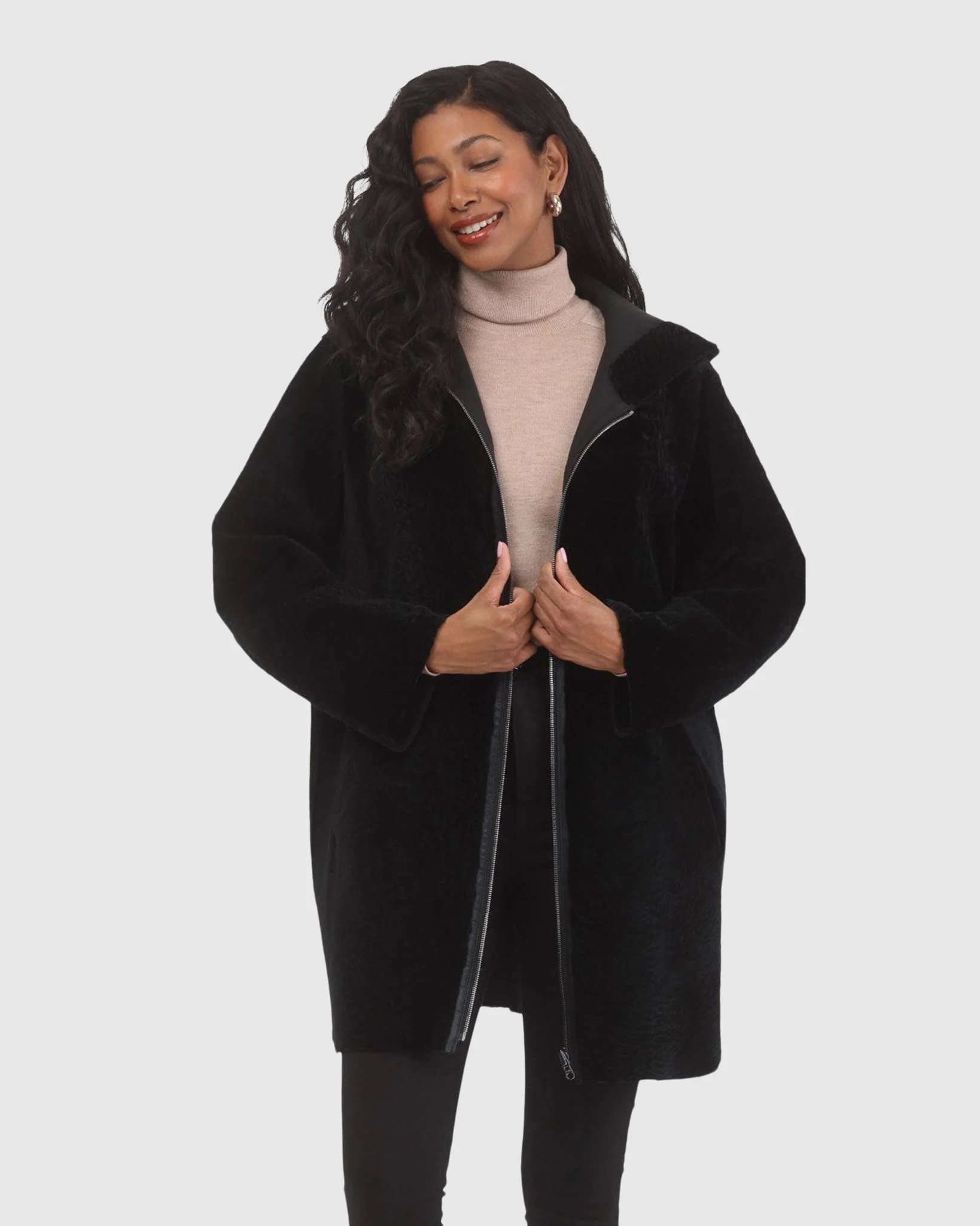 Reversible Textured Shearling Lamb Coat, Hood - Image 17