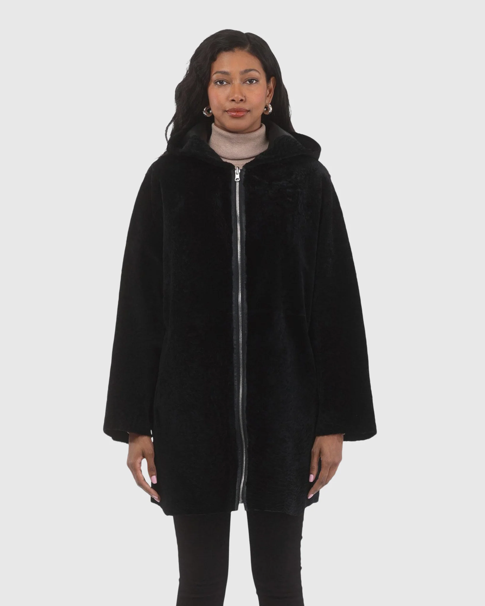 Reversible Textured Shearling Lamb Coat, Hood - Image 18