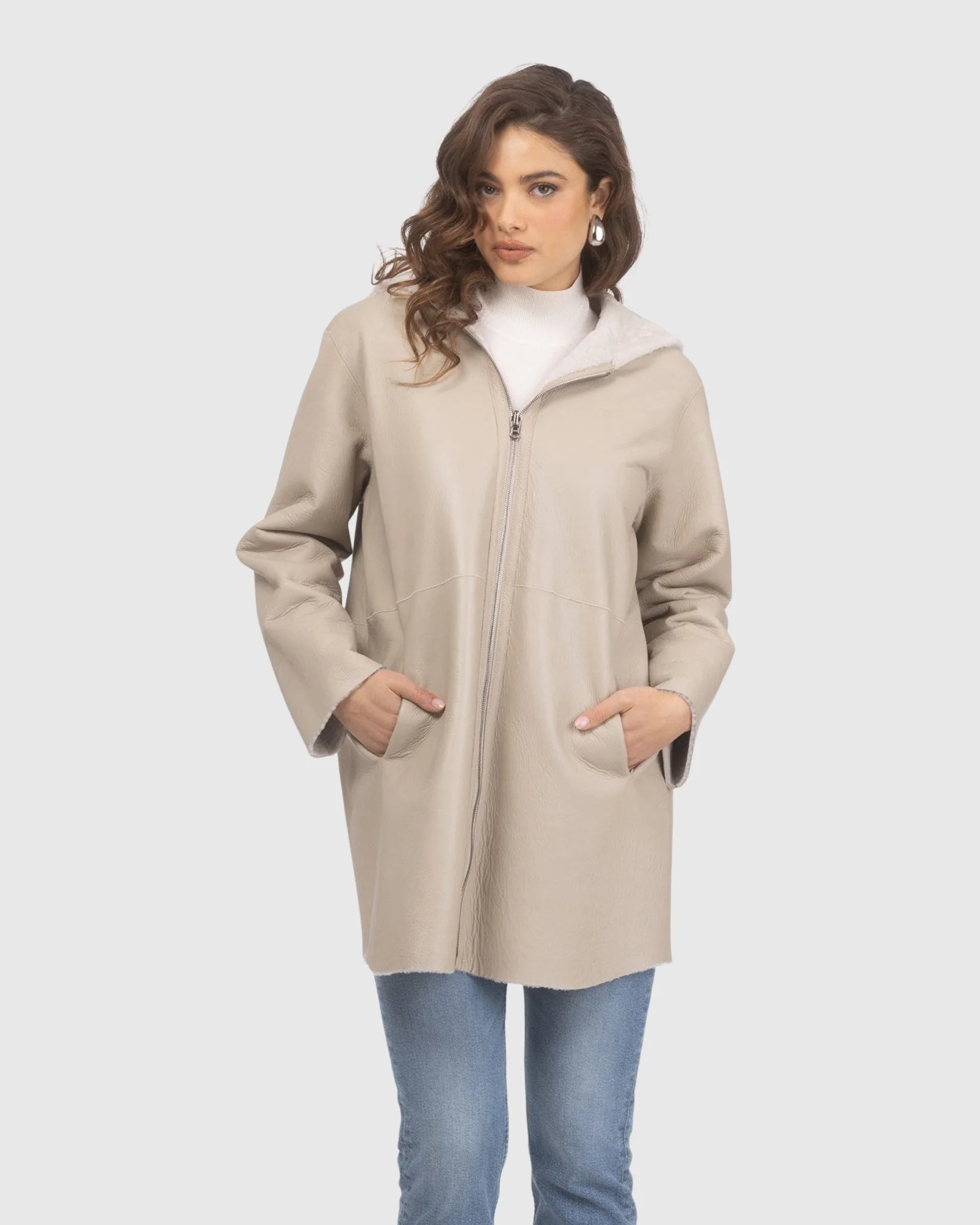 Reversible Textured Shearling Lamb Coat, Hood - Image 6