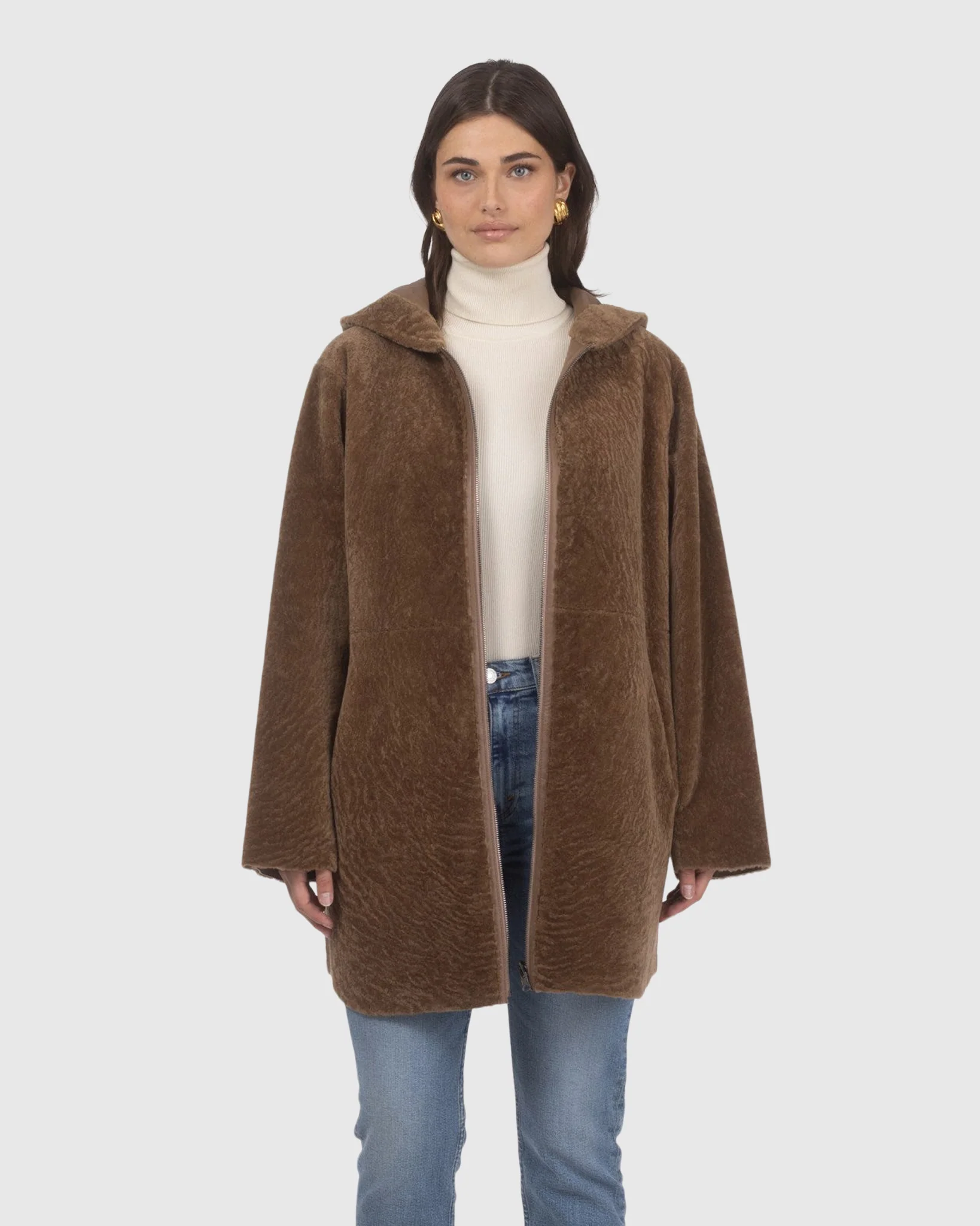 Reversible Textured Shearling Lamb Coat, Hood - Image 8