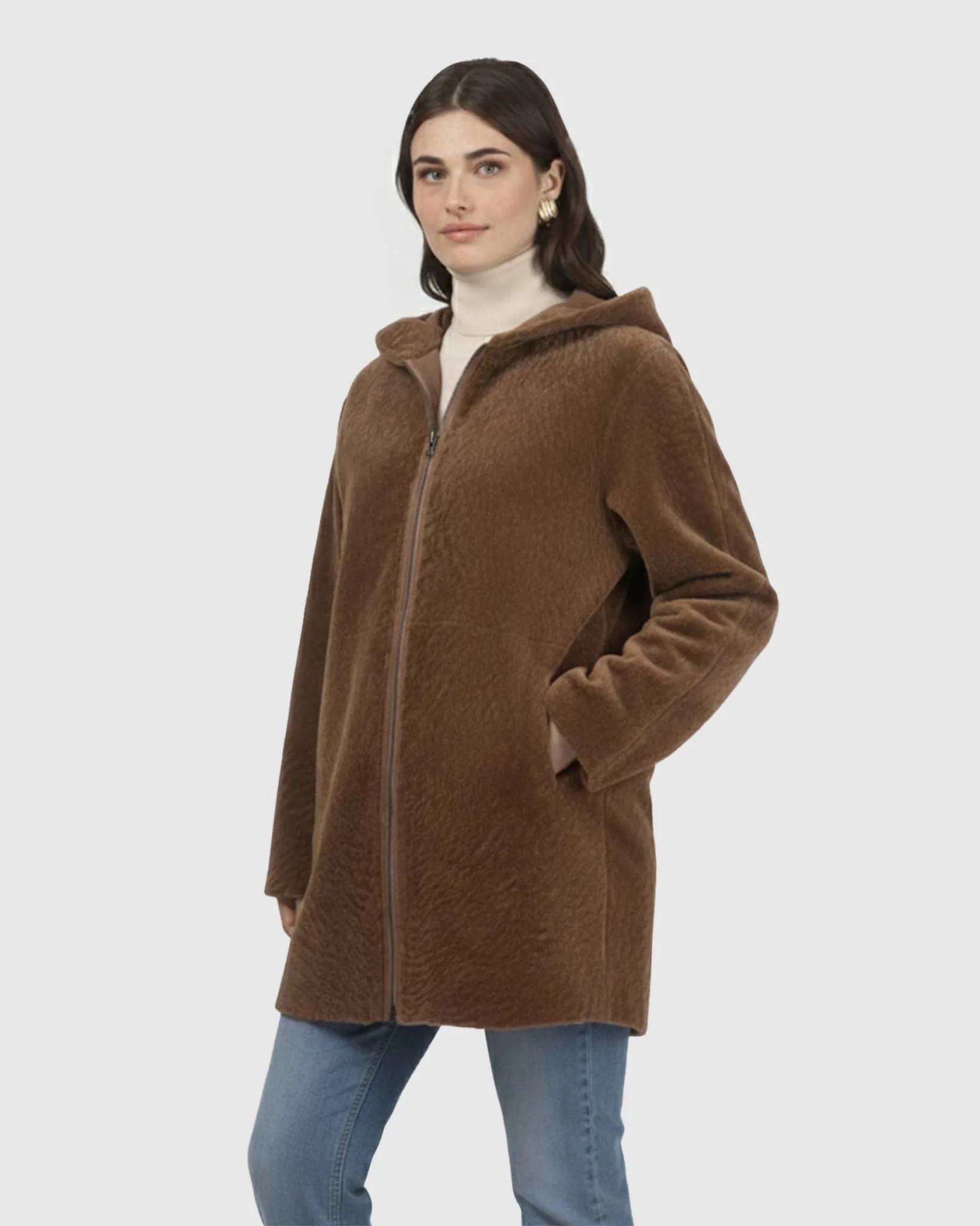 Reversible Textured Shearling Lamb Coat, Hood - Image 9