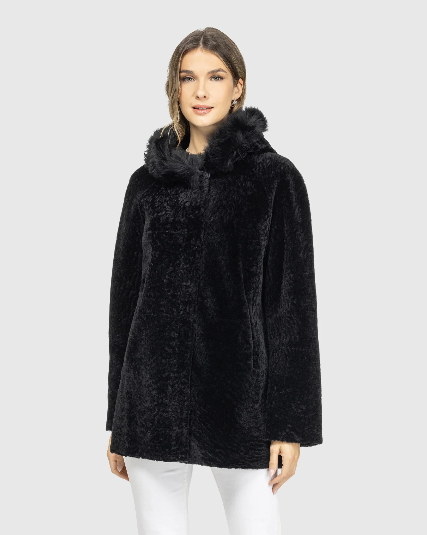 Reversible Textured Shearling Lamb Jacket With Merinillo Shearling Lamb Hood Trim