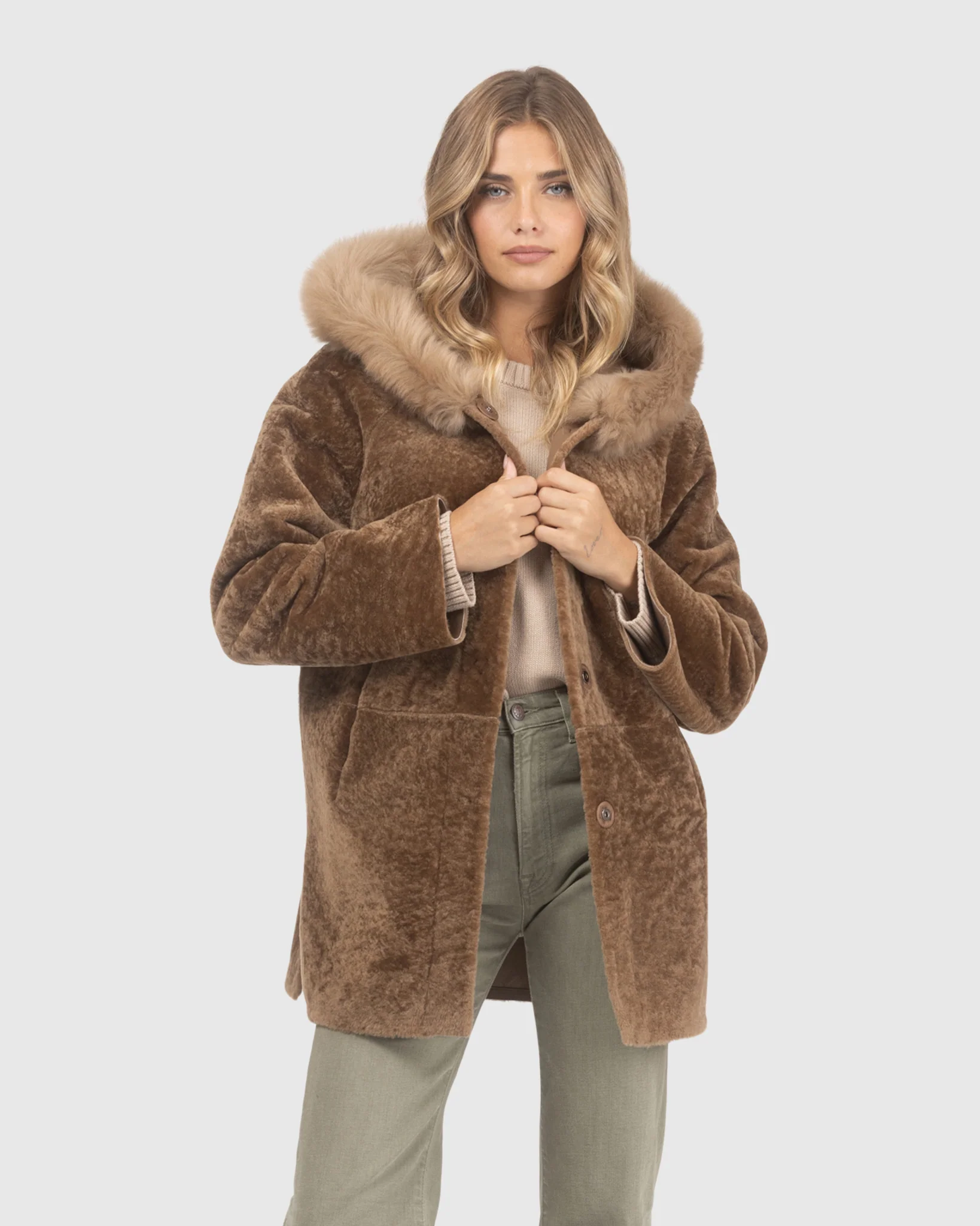 Reversible Textured Shearling Lamb Jacket With Merinillo Shearling Lamb Hood Trim - Image 13