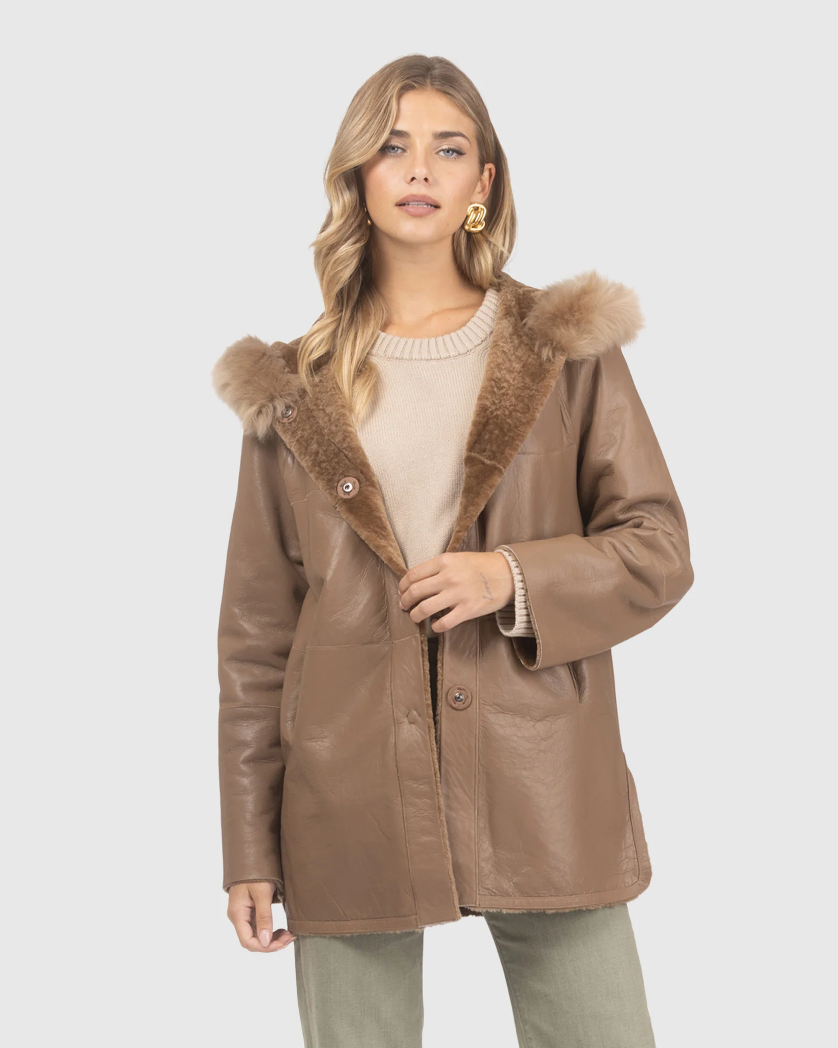 Reversible Textured Shearling Lamb Jacket With Merinillo Shearling Lamb Hood Trim - Image 15