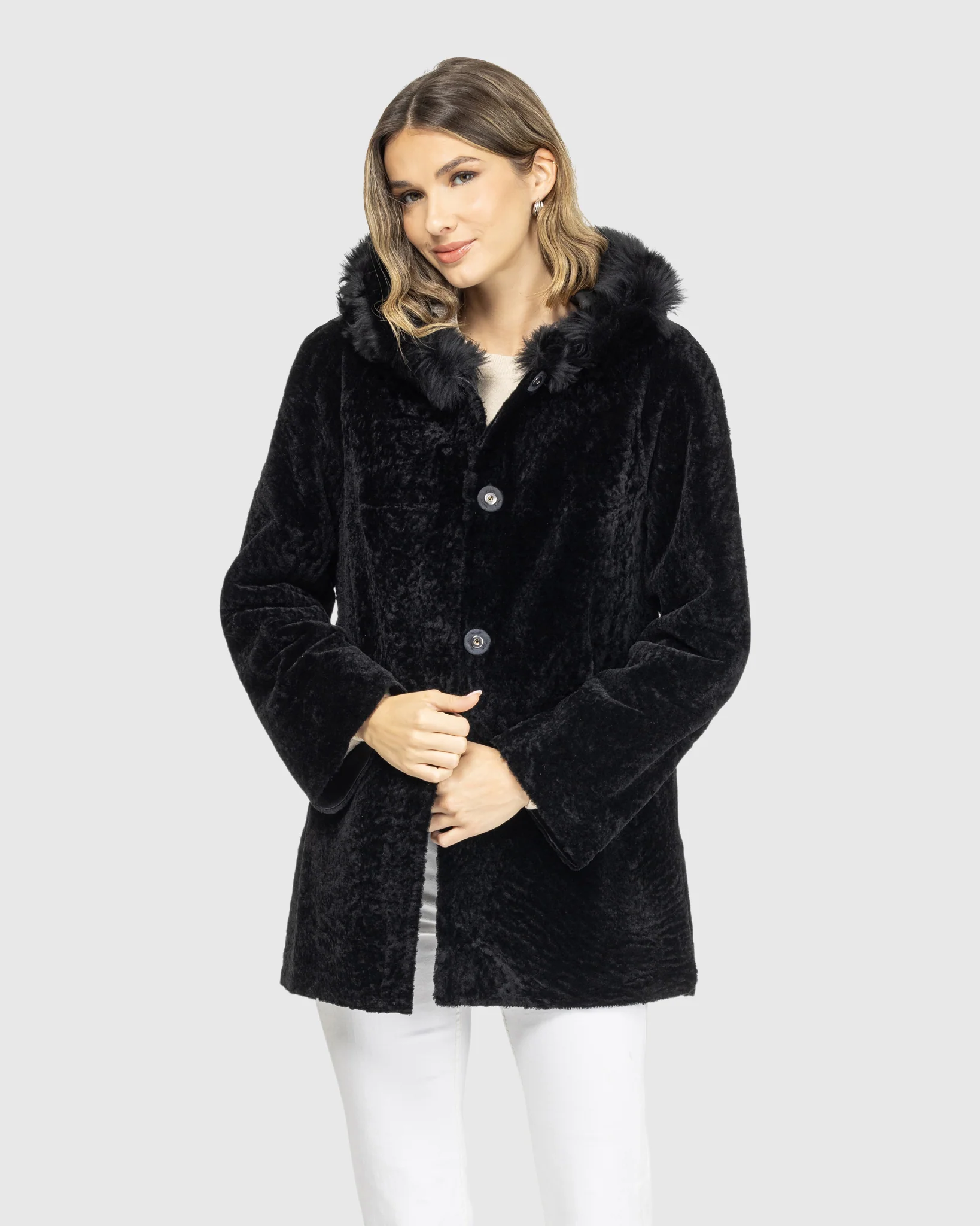 Reversible Textured Shearling Lamb Jacket With Merinillo Shearling Lamb Hood Trim - Image 2