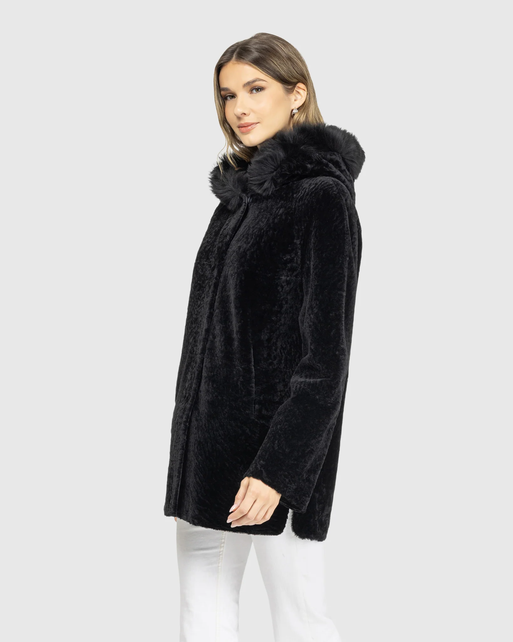 Reversible Textured Shearling Lamb Jacket With Merinillo Shearling Lamb Hood Trim - Image 3
