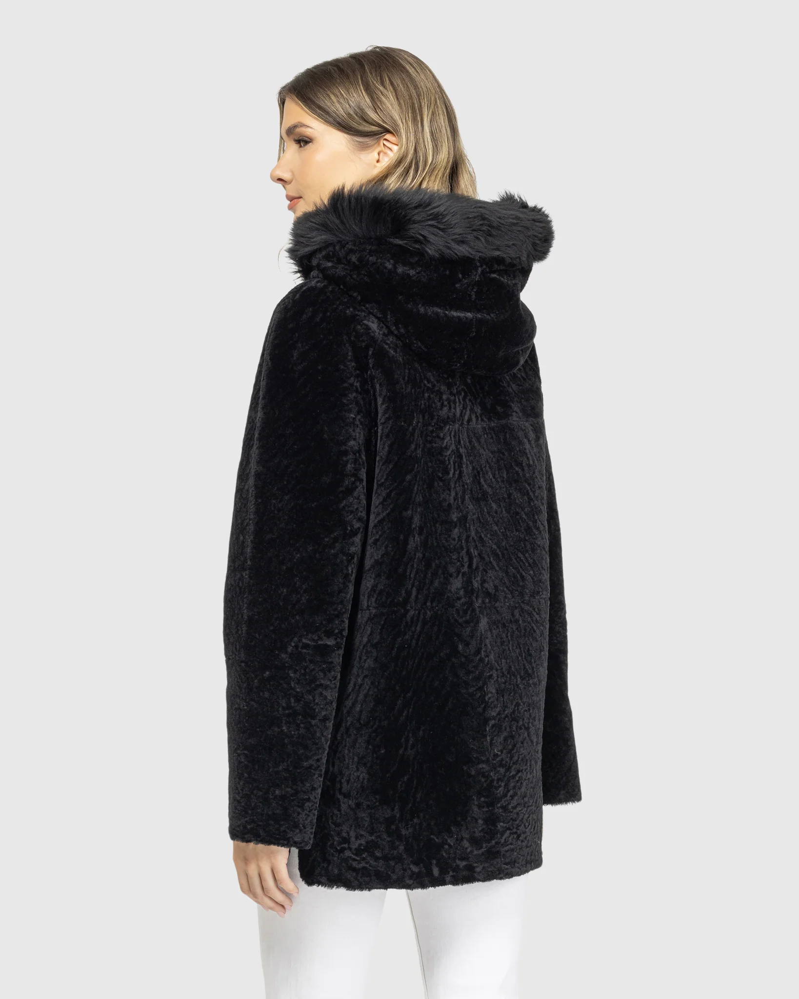 Reversible Textured Shearling Lamb Jacket With Merinillo Shearling Lamb Hood Trim - Image 4