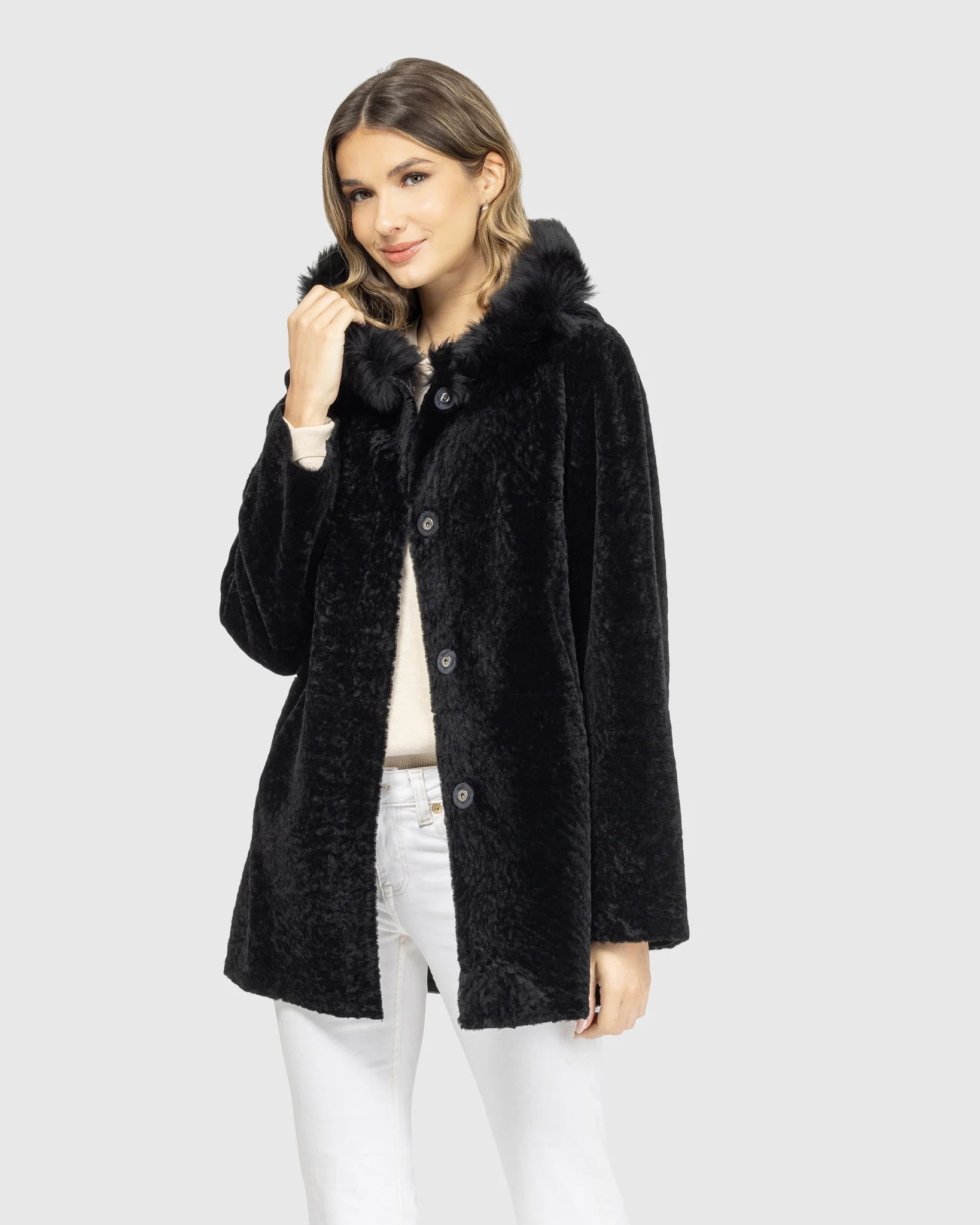 Reversible Textured Shearling Lamb Jacket With Merinillo Shearling Lamb Hood Trim - Image 6