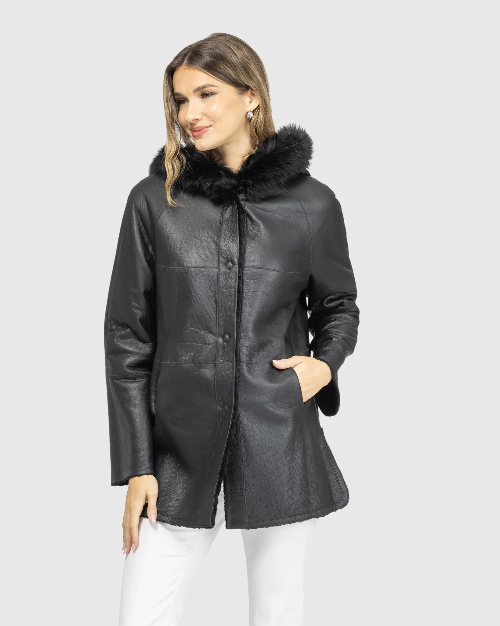 Reversible Textured Shearling Lamb Jacket With Merinillo Shearling Lamb Hood Trim - Image 7