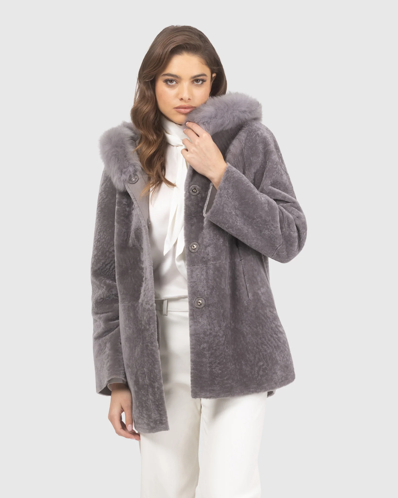 Reversible Textured Shearling Lamb Jacket With Merinillo Shearling Lamb Hood Trim - Image 8