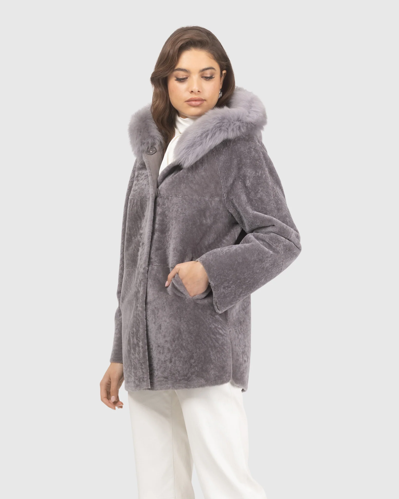 Reversible Textured Shearling Lamb Jacket With Merinillo Shearling Lamb Hood Trim - Image 9