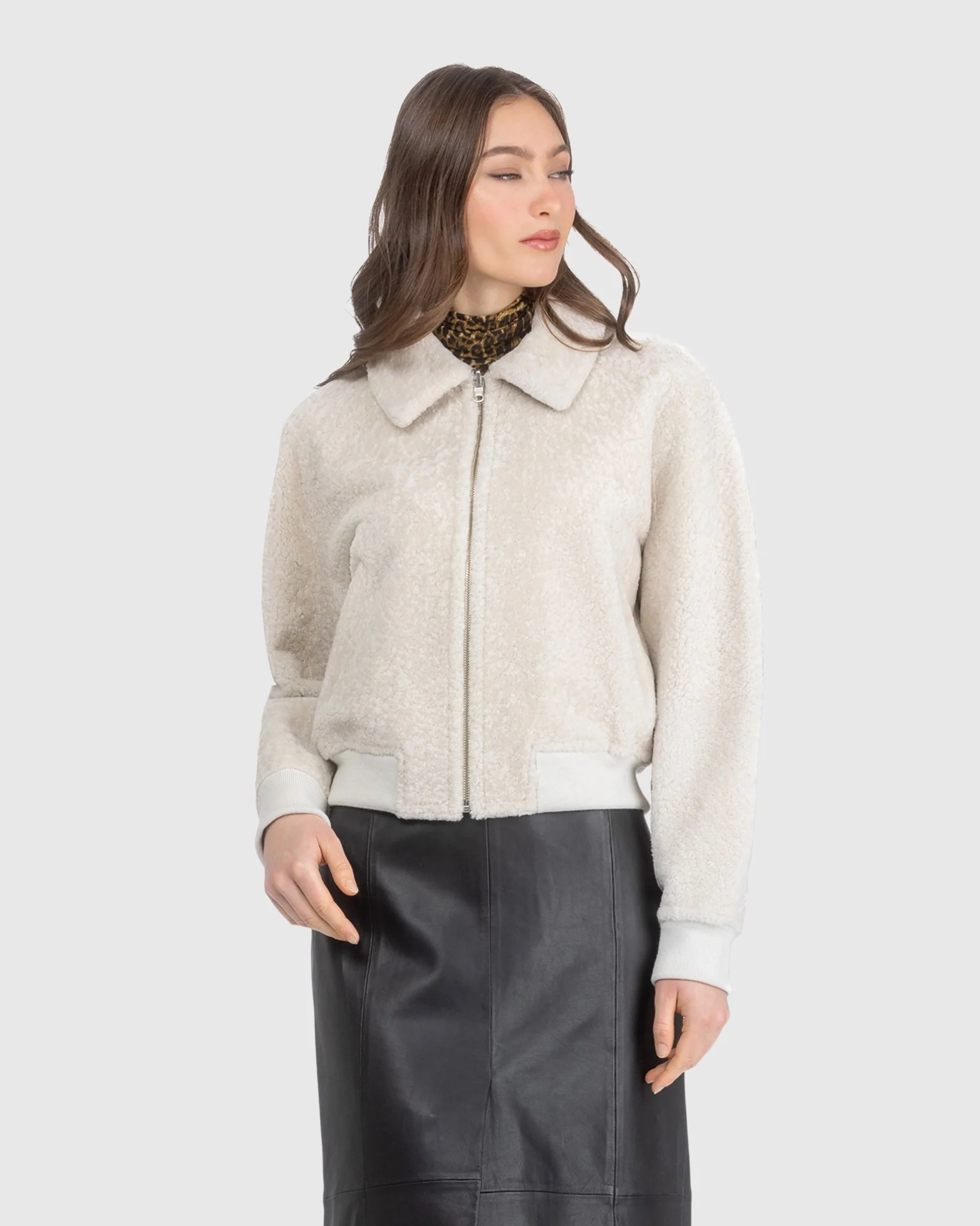 Reversible Textured Shearling Lamb Zip Jacket - Image 10