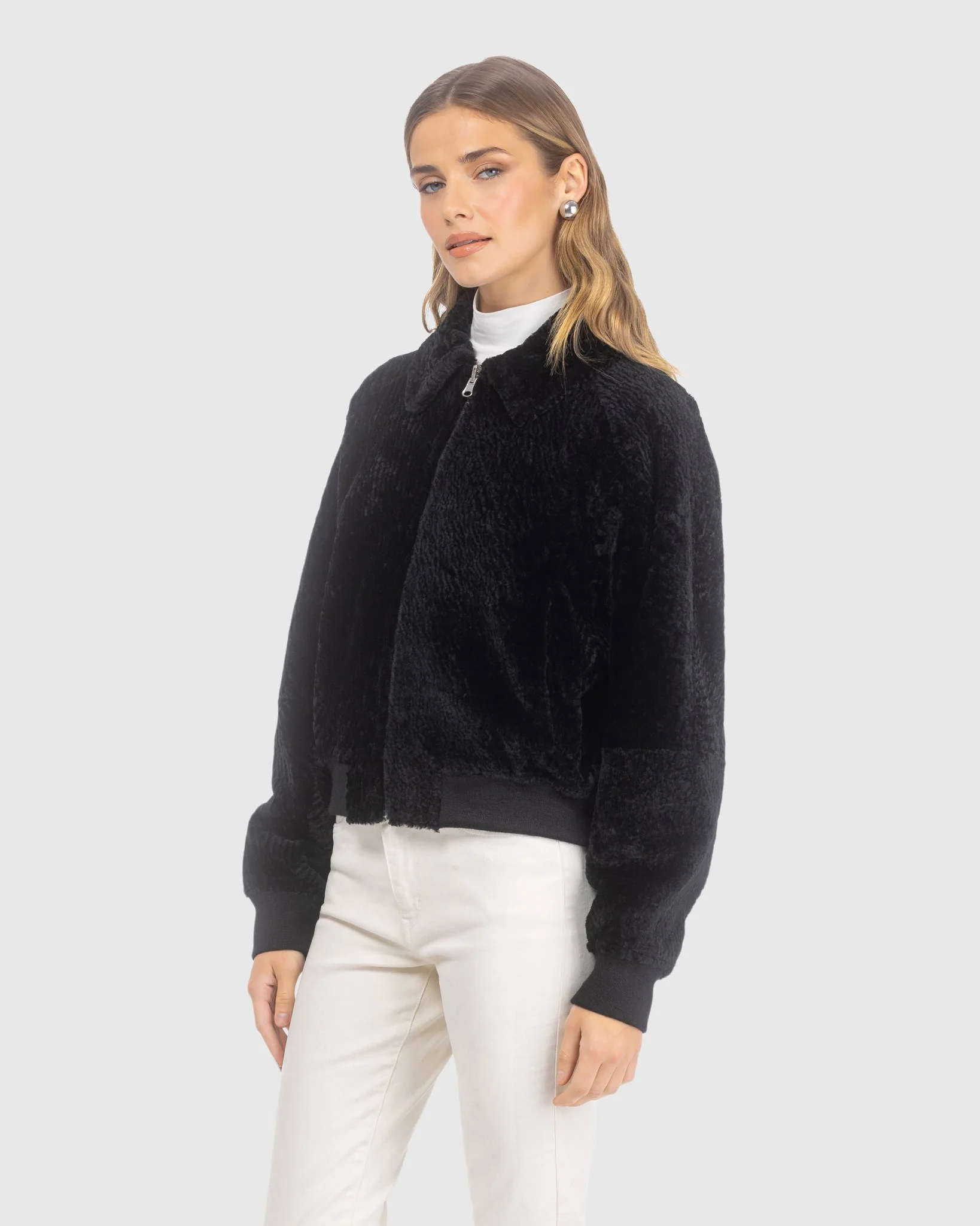 Reversible Textured Shearling Lamb Zip Jacket - Image 2