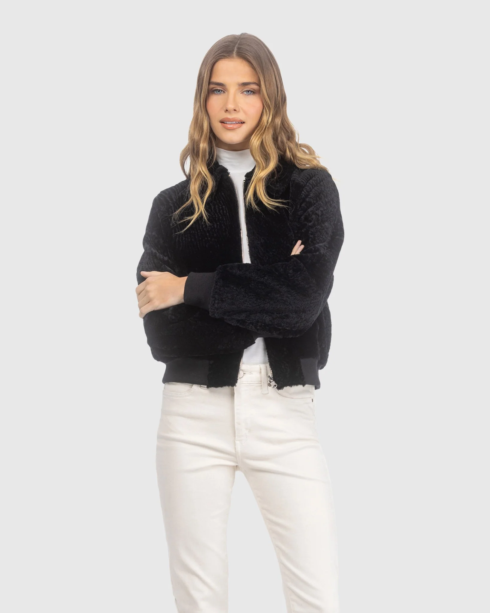 Reversible Textured Shearling Lamb Zip Jacket - Image 5