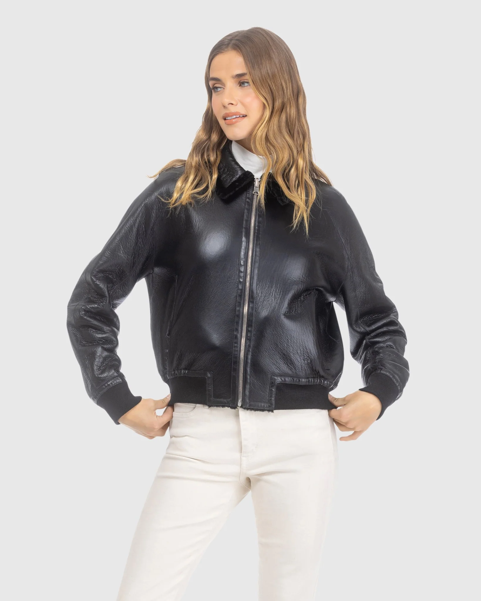 Reversible Textured Shearling Lamb Zip Jacket - Image 7