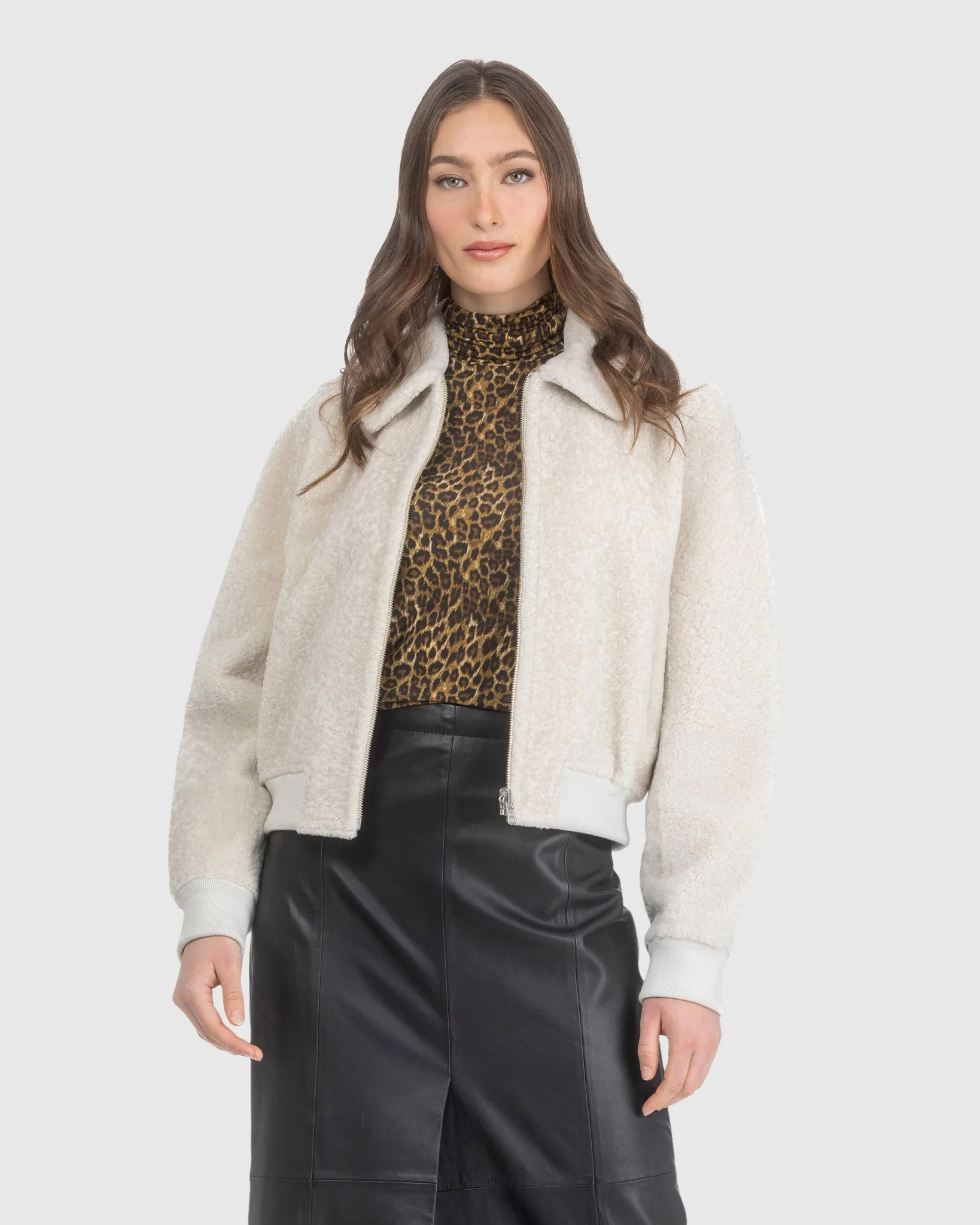 Reversible Textured Shearling Lamb Zip Jacket - Image 9