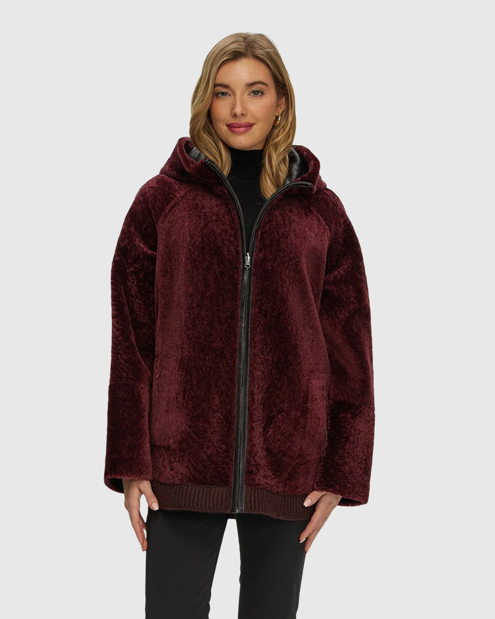 Reversible Textured Shearling Lamb Zip Jacket With Ribbed Hem, Hood