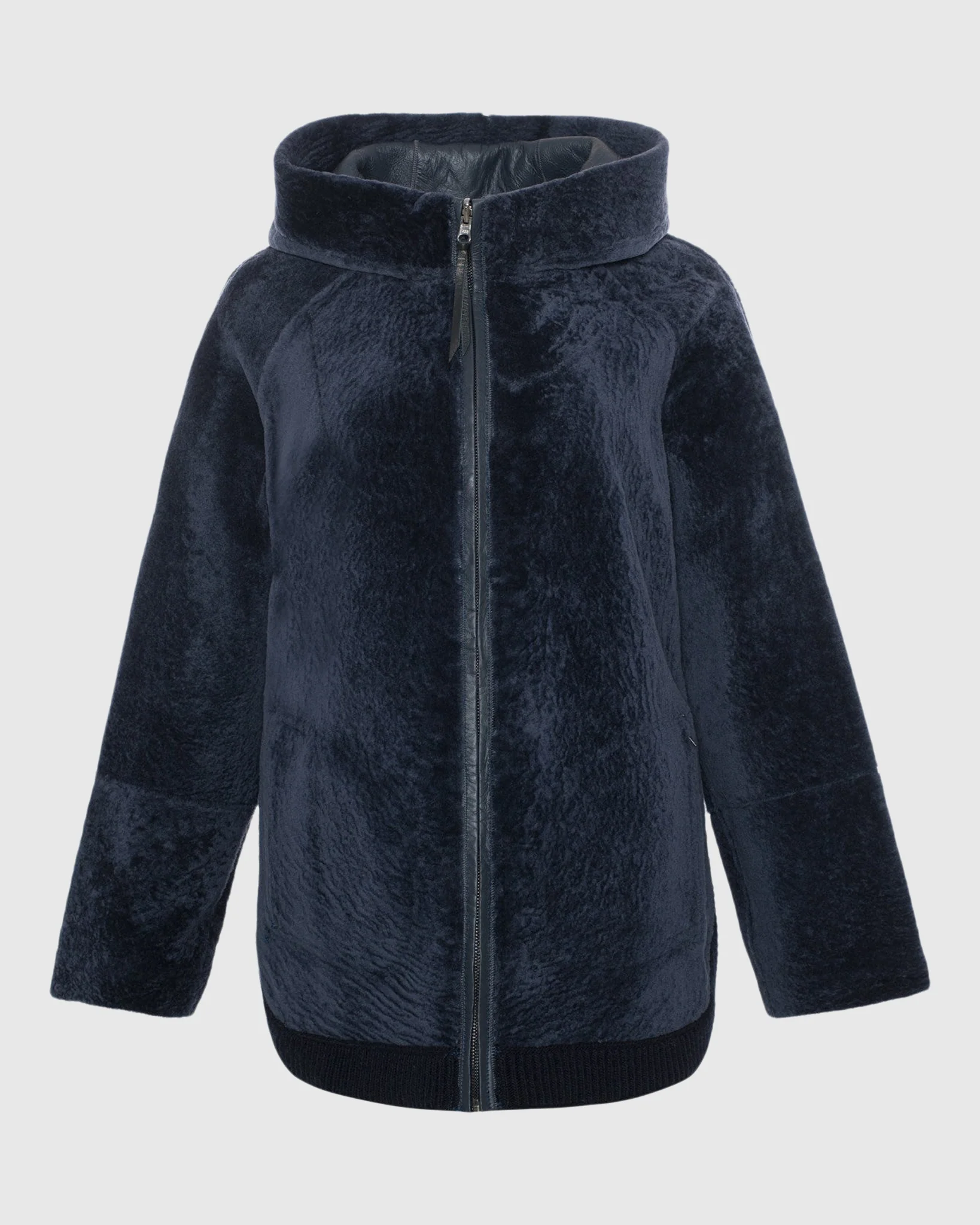 Reversible Textured Shearling Lamb Zip Jacket With Ribbed Hem, Hood - Image 11
