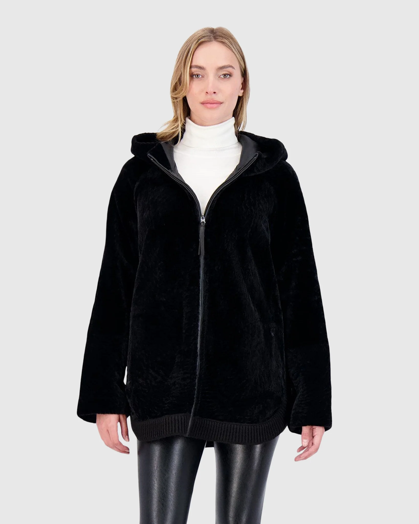 Reversible Textured Shearling Lamb Zip Jacket With Ribbed Hem, Hood - Image 12