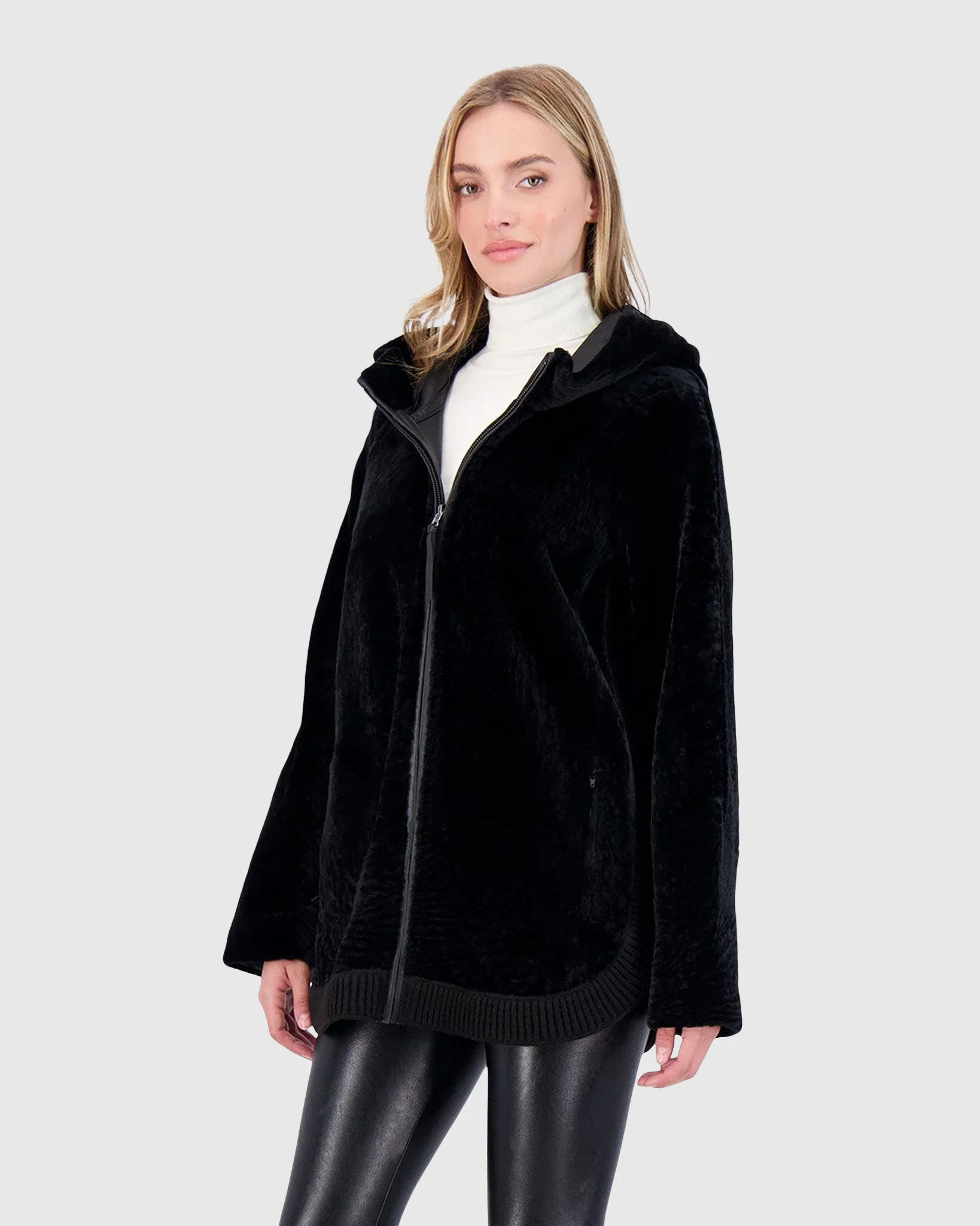 Reversible Textured Shearling Lamb Zip Jacket With Ribbed Hem, Hood - Image 13