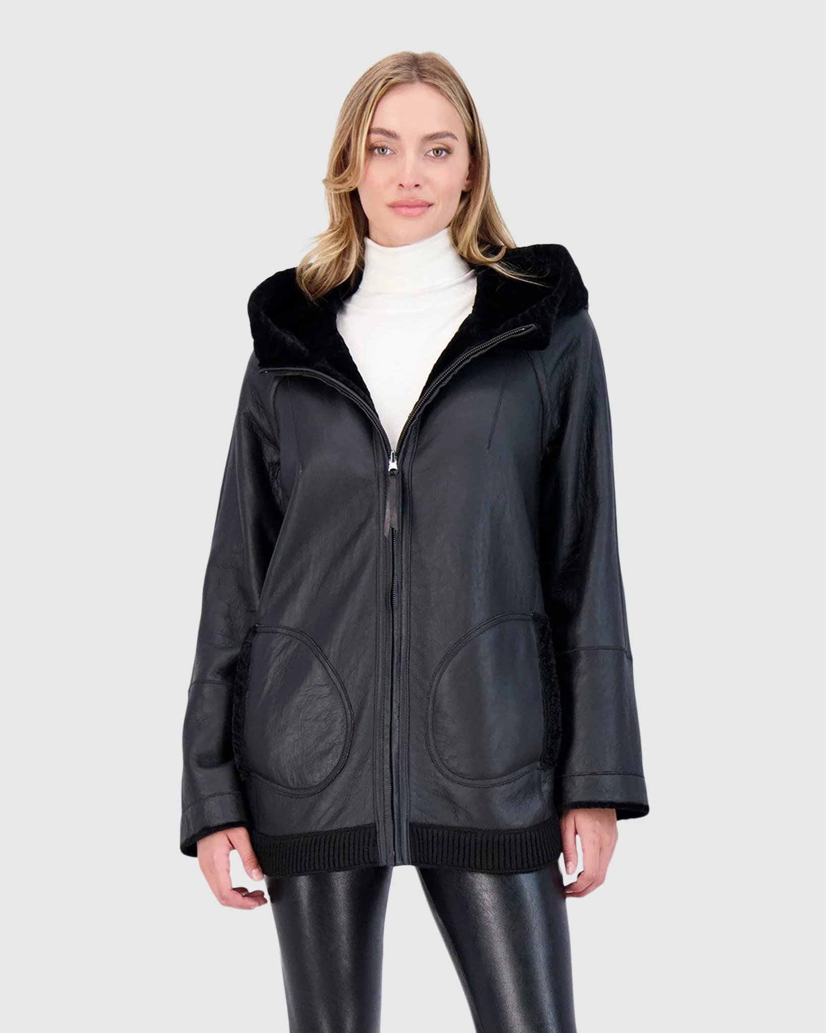 Reversible Textured Shearling Lamb Zip Jacket With Ribbed Hem, Hood - Image 14