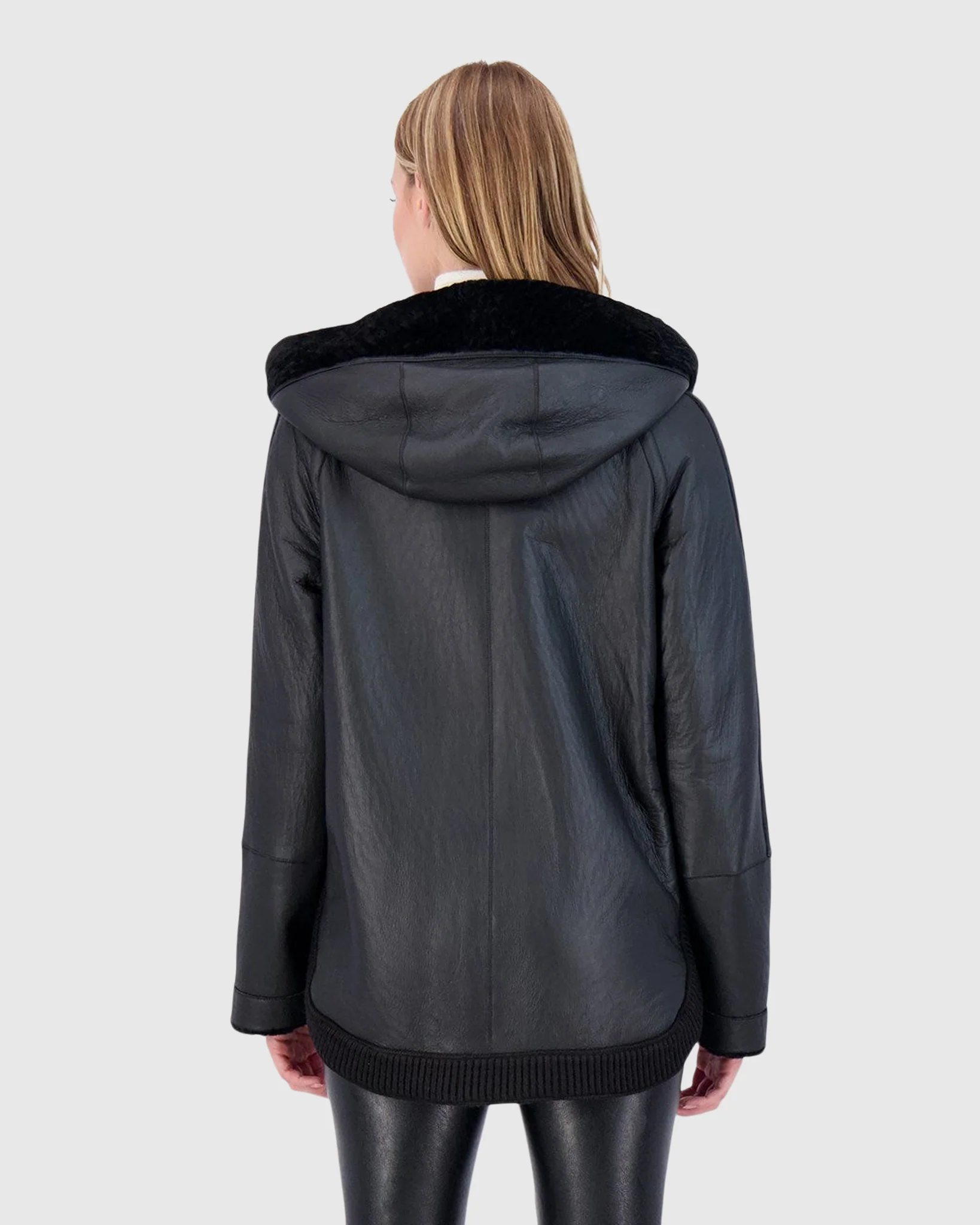 Reversible Textured Shearling Lamb Zip Jacket With Ribbed Hem, Hood - Image 15