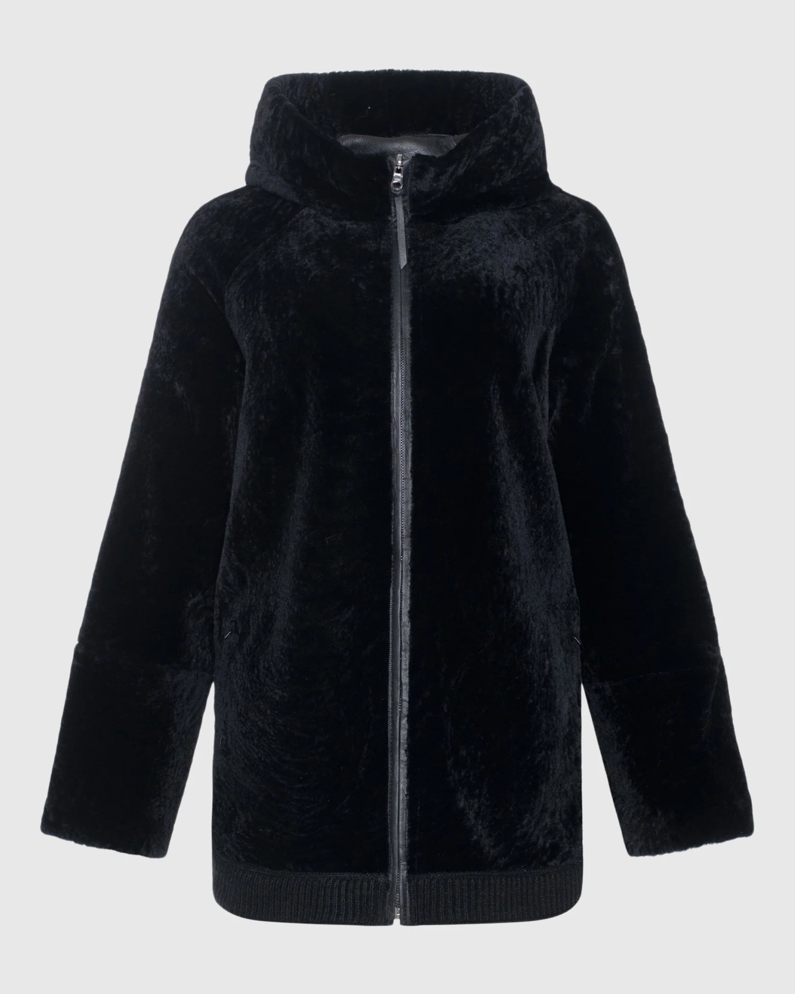 Reversible Textured Shearling Lamb Zip Jacket With Ribbed Hem, Hood - Image 16