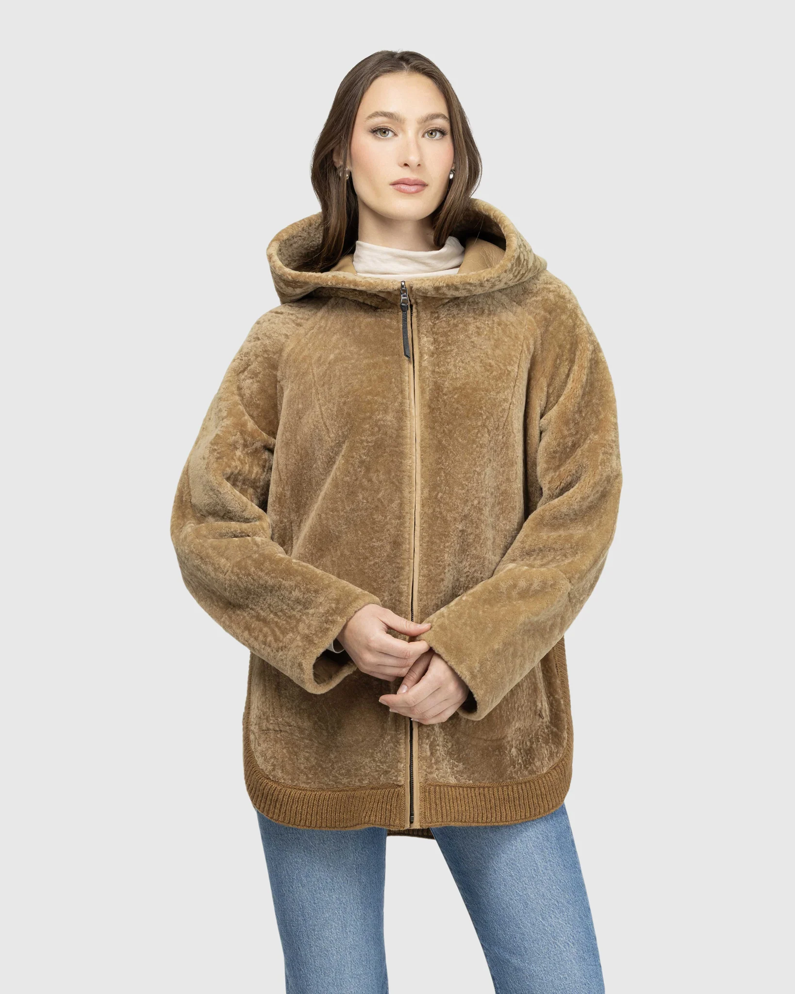Reversible Textured Shearling Lamb Zip Jacket With Ribbed Hem, Hood - Image 17
