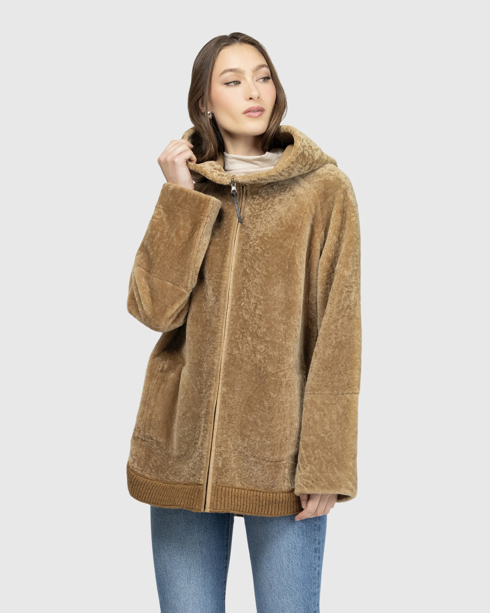 Reversible Textured Shearling Lamb Zip Jacket With Ribbed Hem, Hood - Image 18