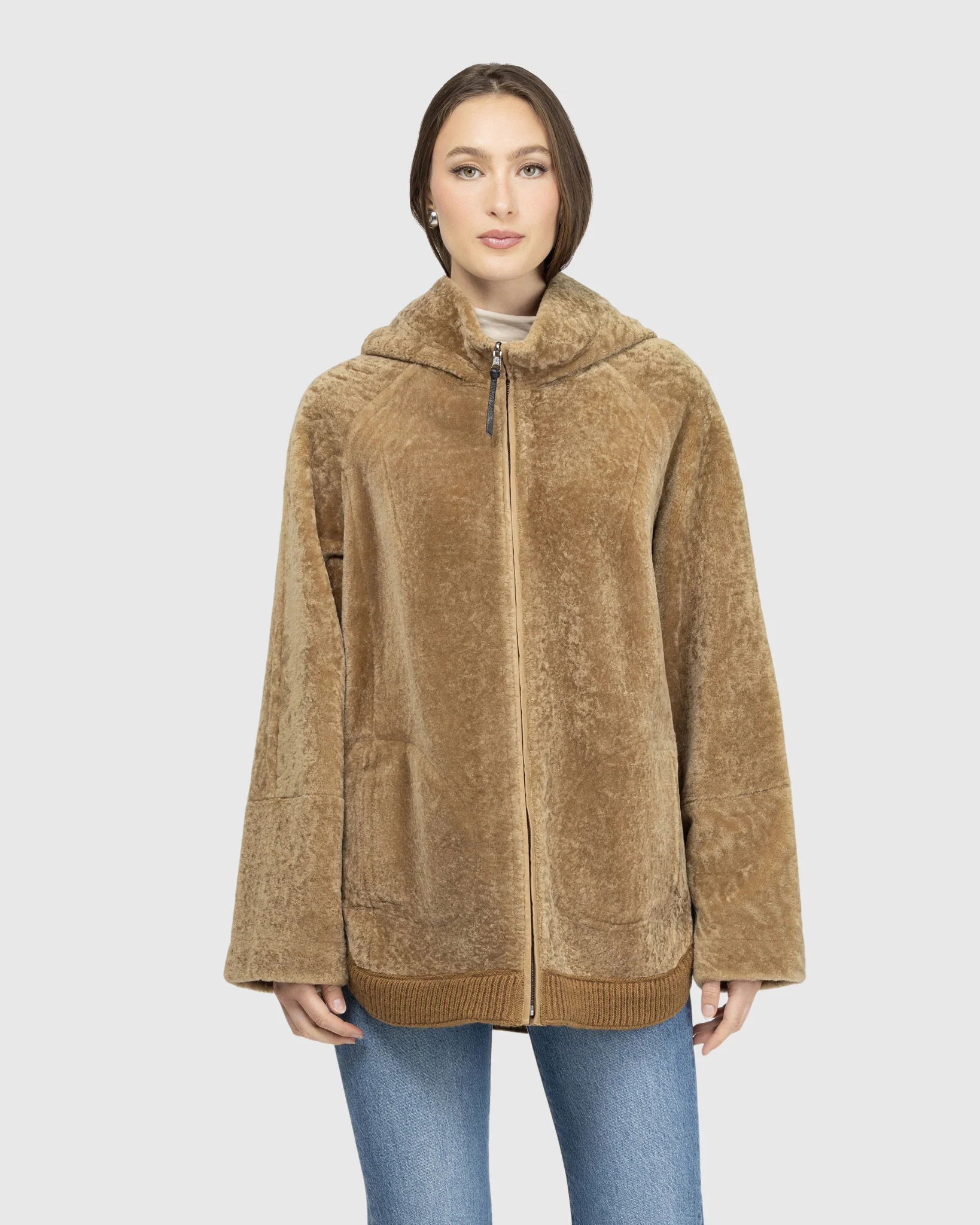 Reversible Textured Shearling Lamb Zip Jacket With Ribbed Hem, Hood - Image 19