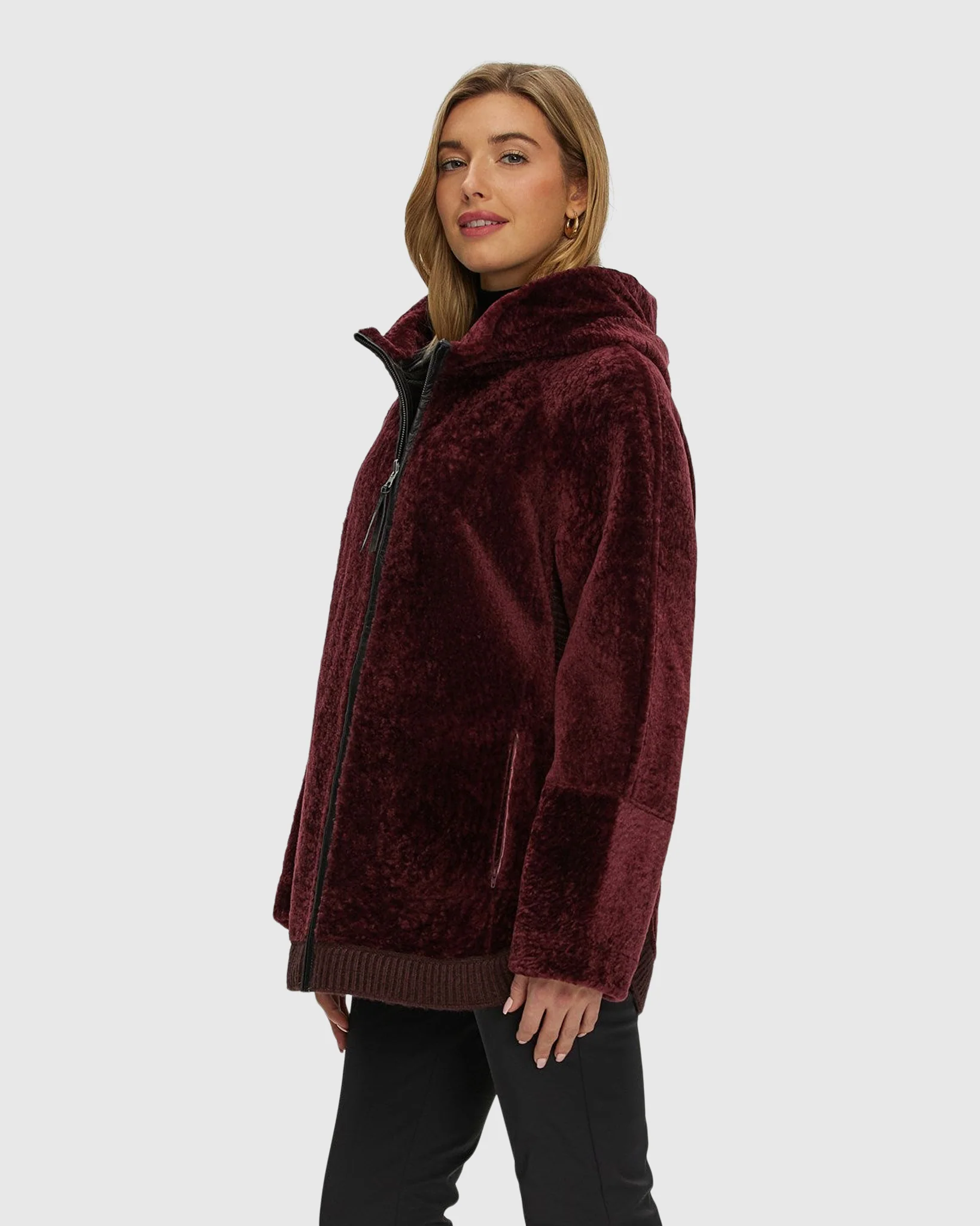 Reversible Textured Shearling Lamb Zip Jacket With Ribbed Hem, Hood - Image 2