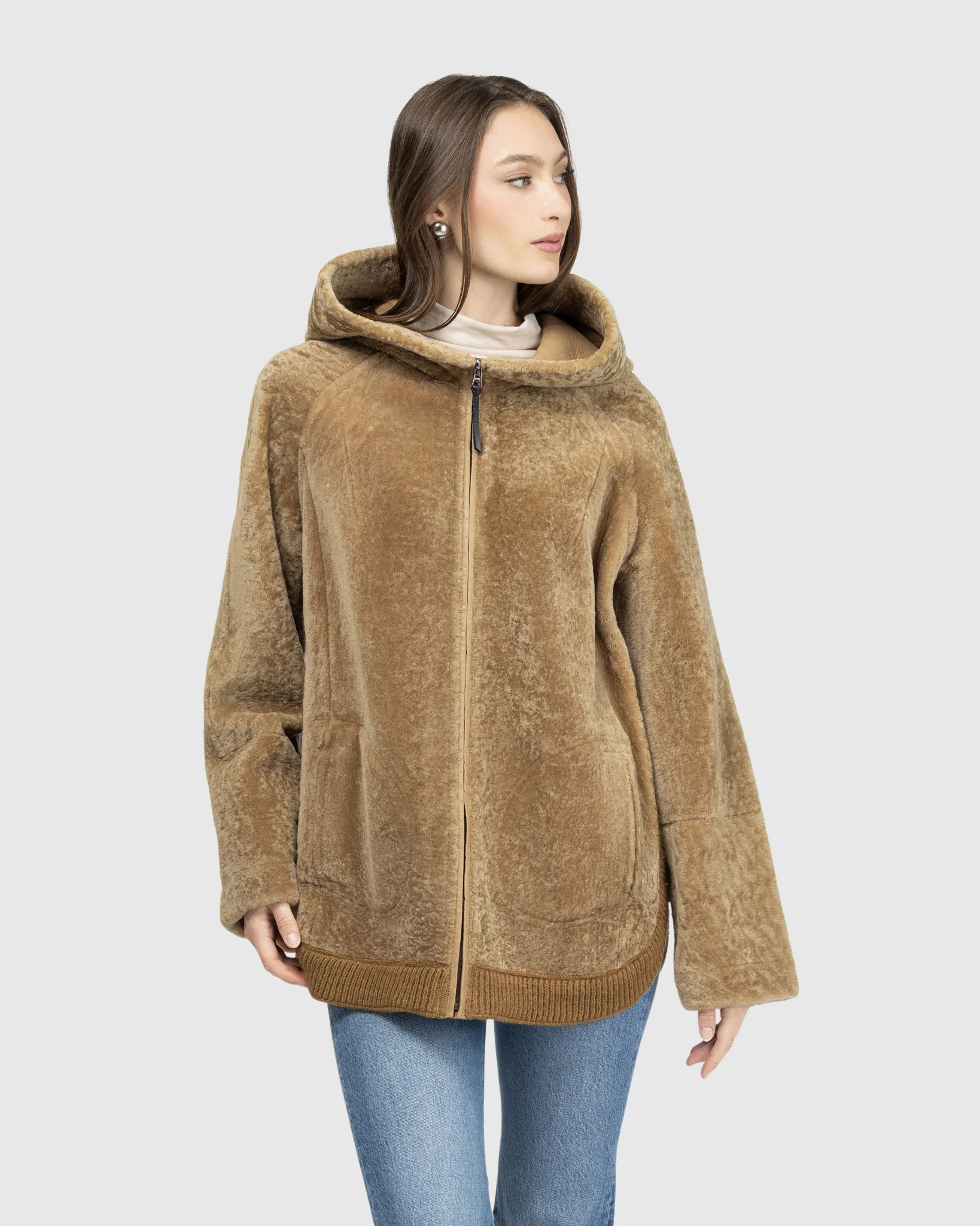 Reversible Textured Shearling Lamb Zip Jacket With Ribbed Hem, Hood - Image 20