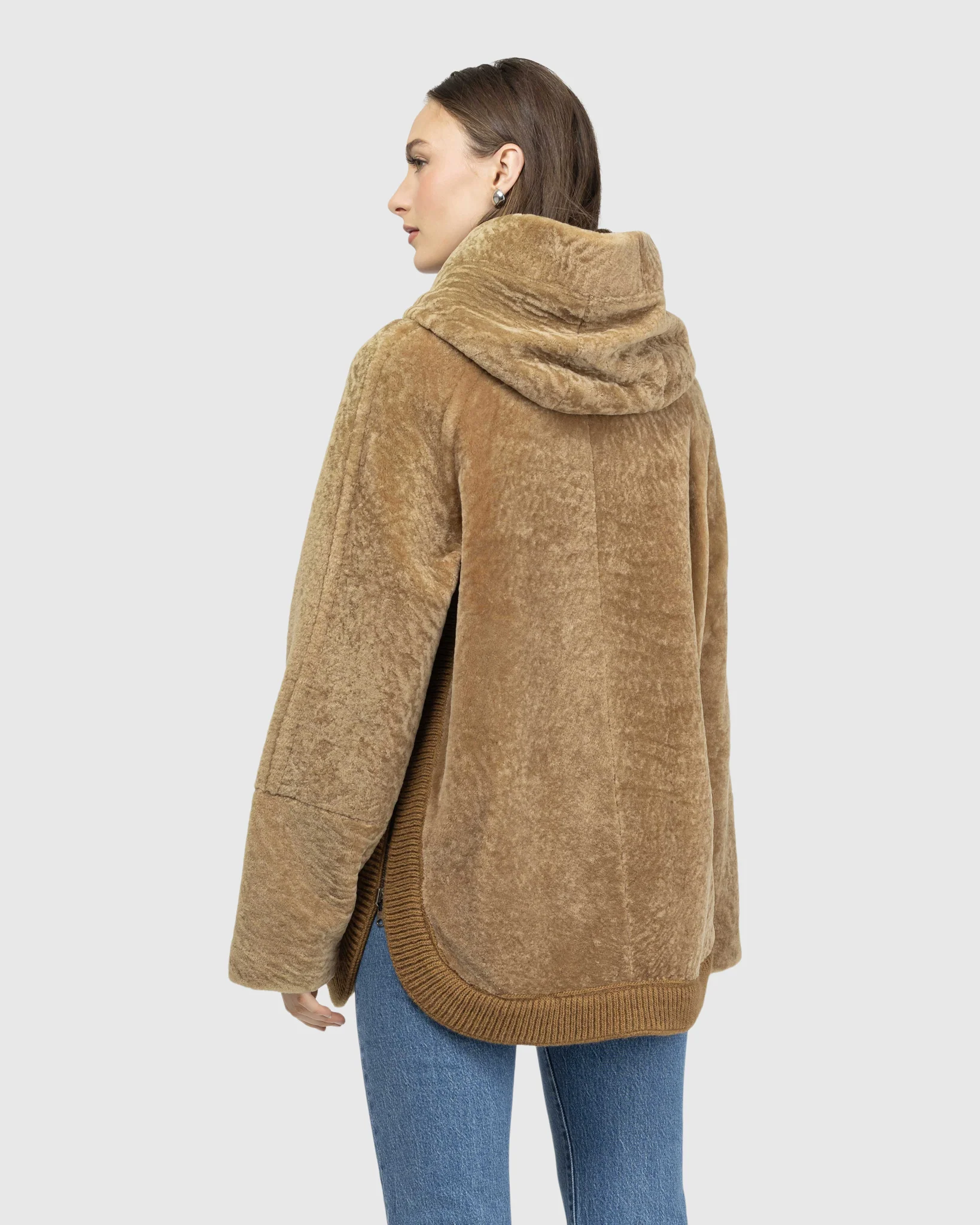 Reversible Textured Shearling Lamb Zip Jacket With Ribbed Hem, Hood - Image 21