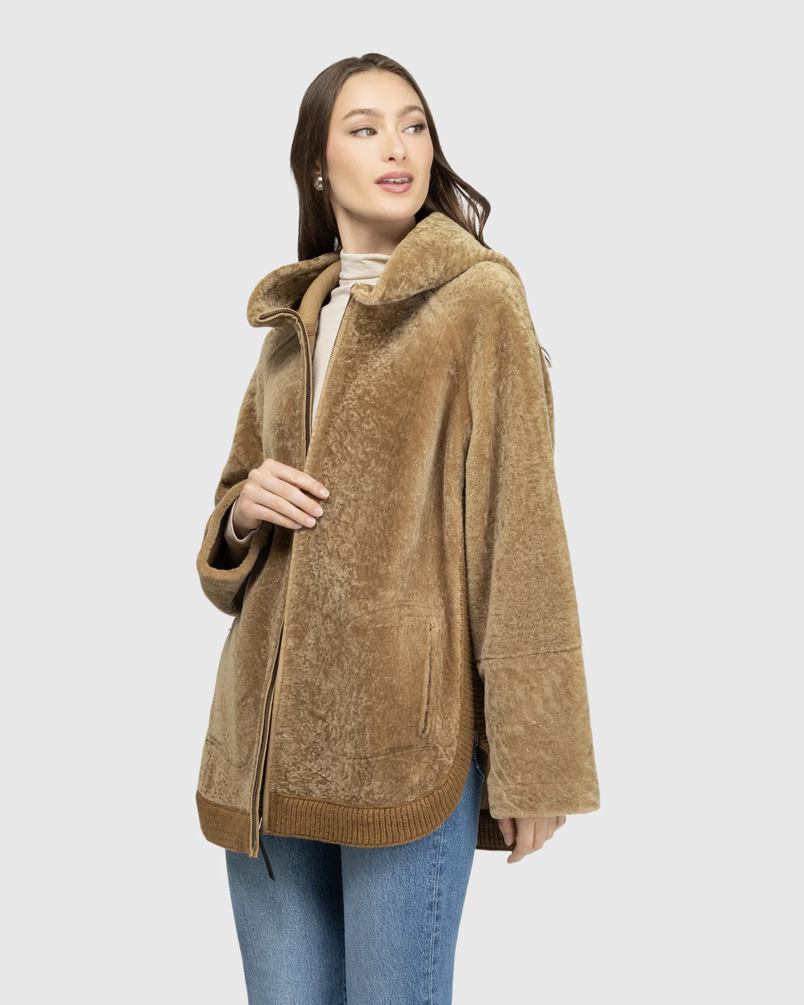 Reversible Textured Shearling Lamb Zip Jacket With Ribbed Hem, Hood - Image 23