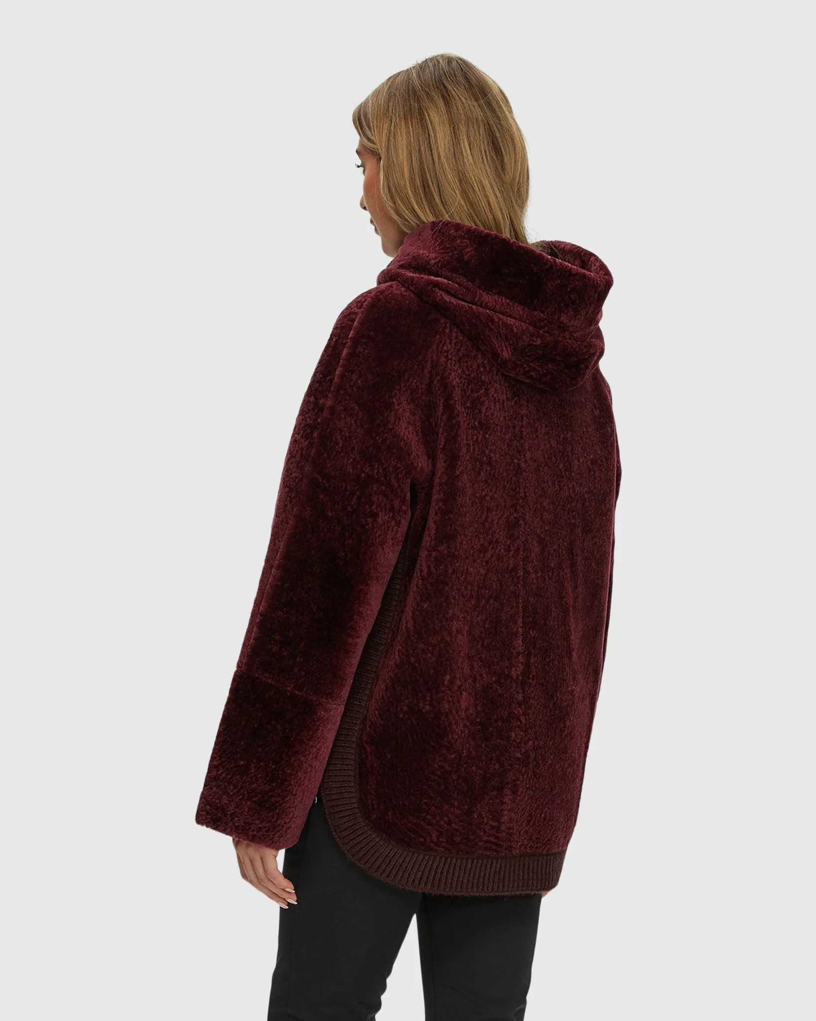 Reversible Textured Shearling Lamb Zip Jacket With Ribbed Hem, Hood - Image 3