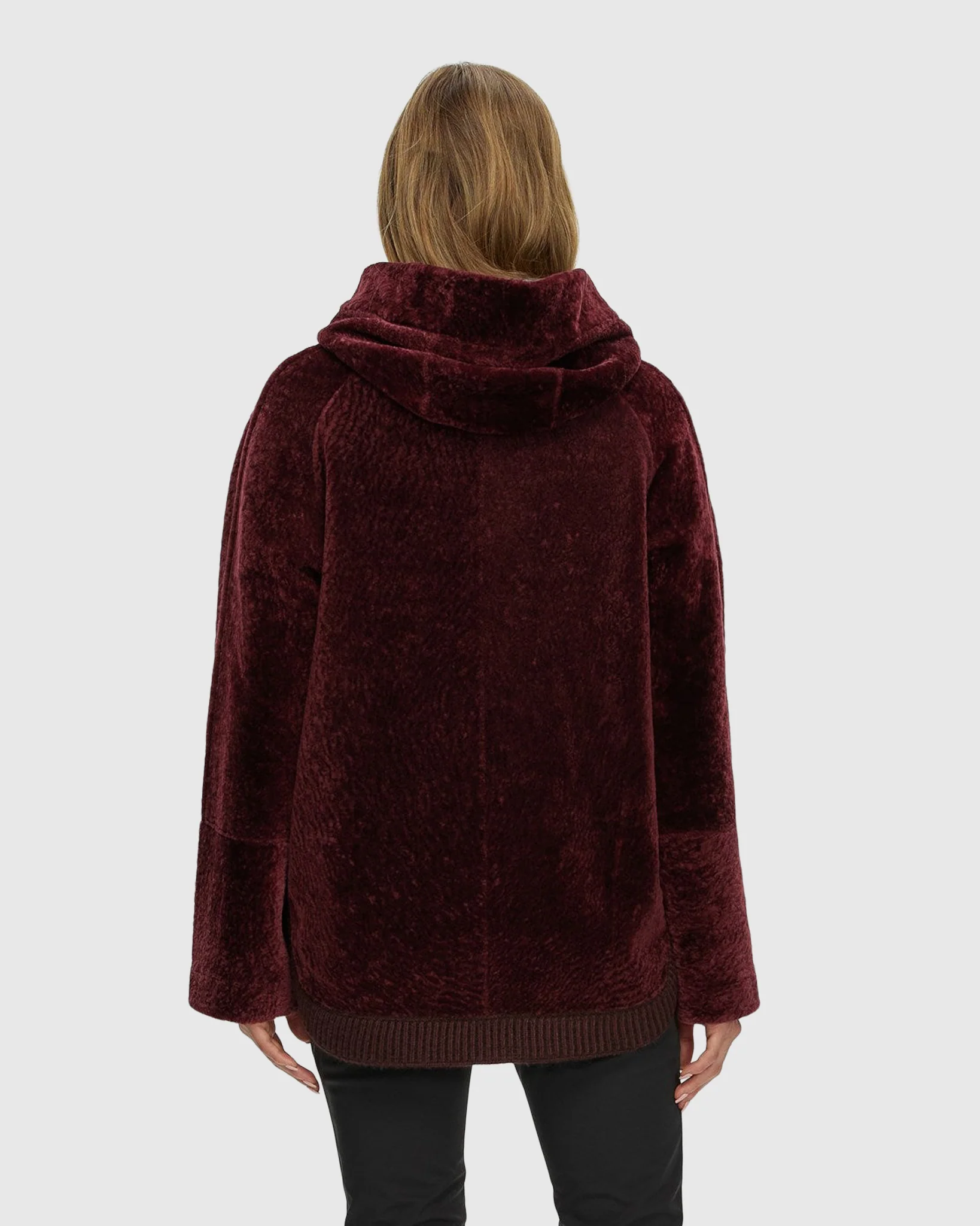 Reversible Textured Shearling Lamb Zip Jacket With Ribbed Hem, Hood - Image 4