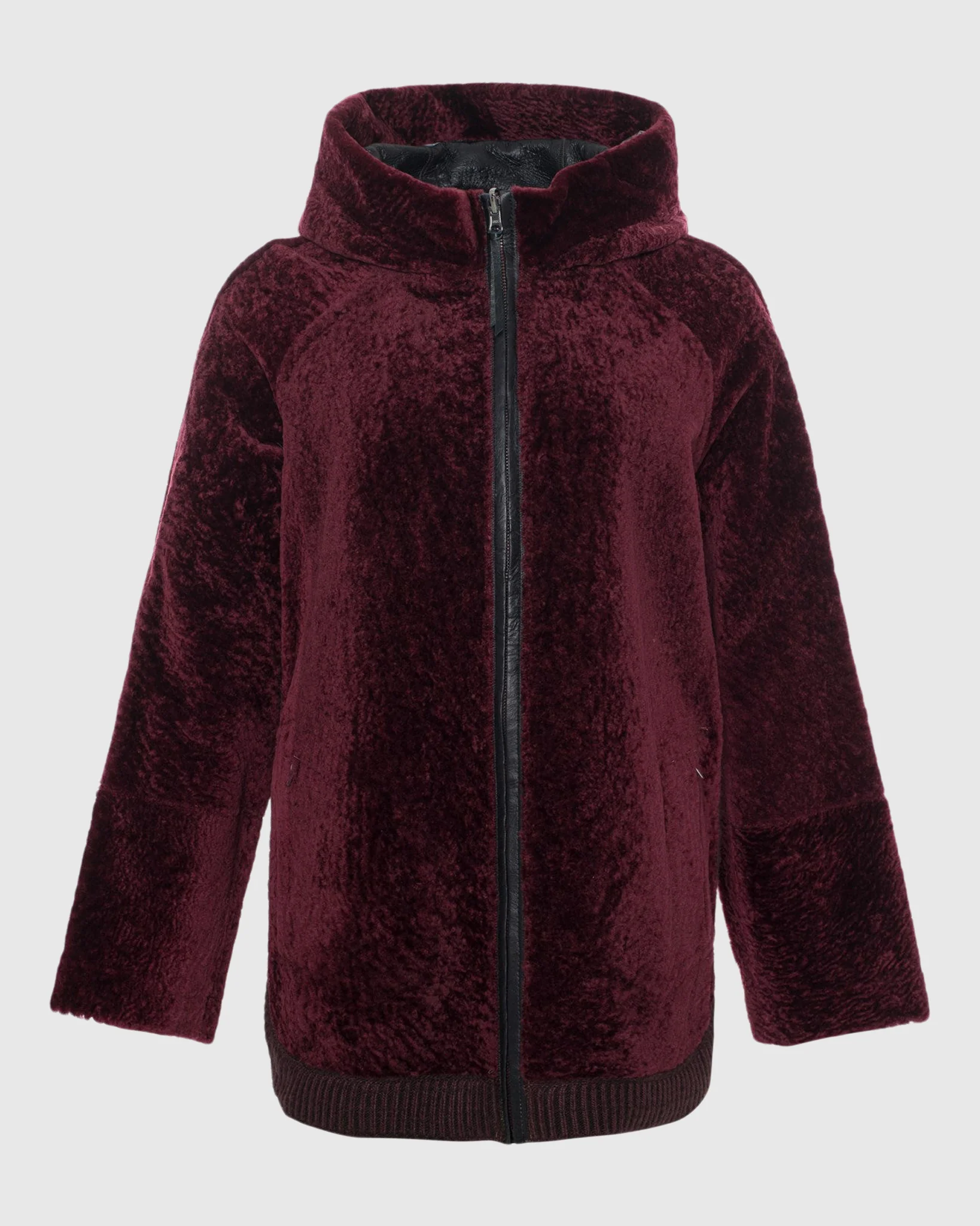 Reversible Textured Shearling Lamb Zip Jacket With Ribbed Hem, Hood - Image 6