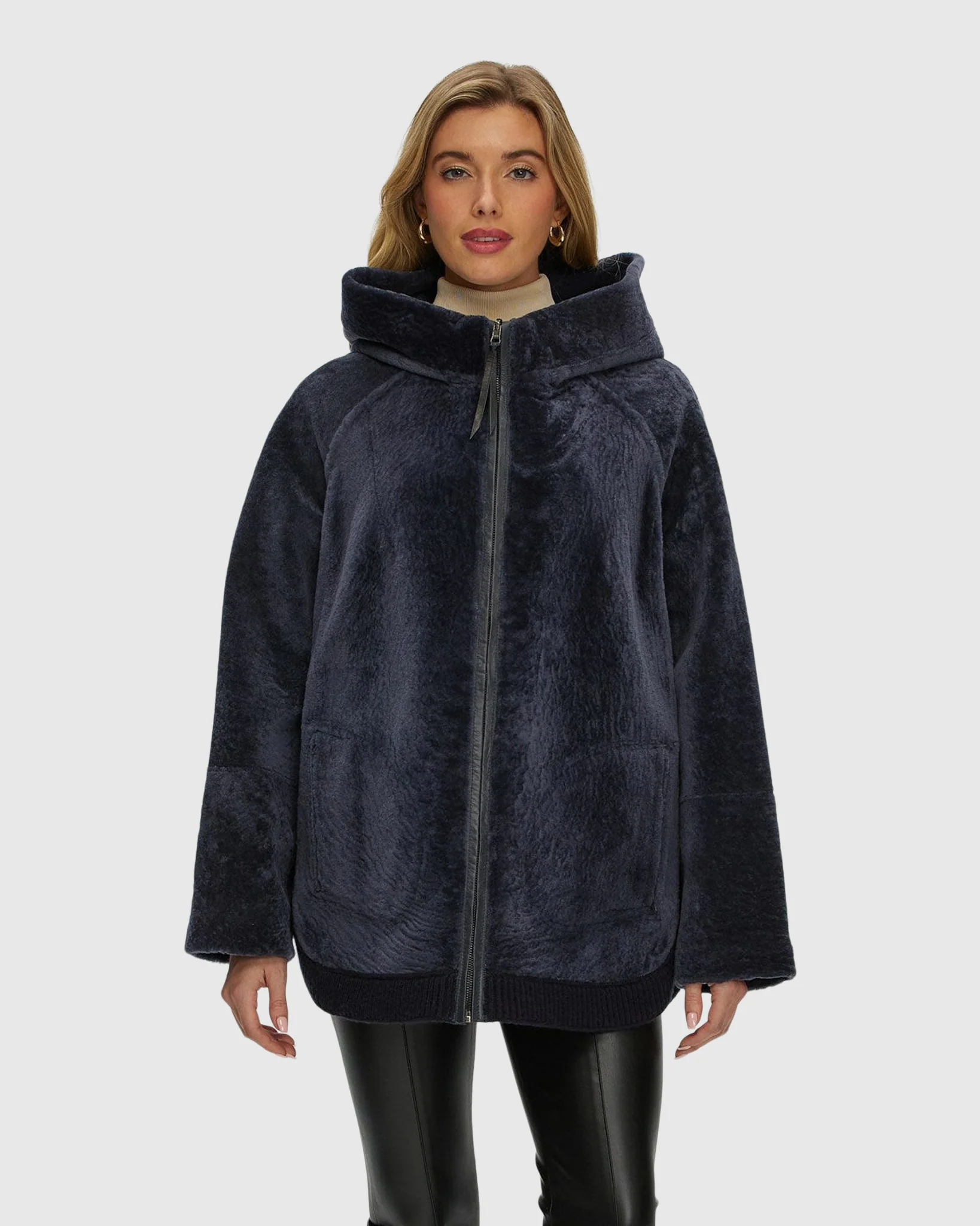 Reversible Textured Shearling Lamb Zip Jacket With Ribbed Hem, Hood - Image 8