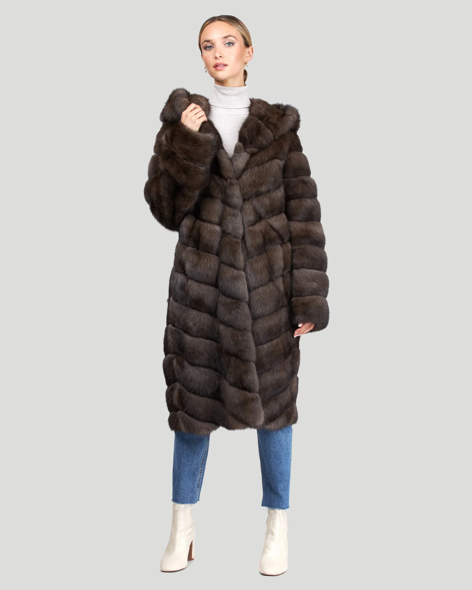 Russian Sable Chevron Midi Coat - Image 4
