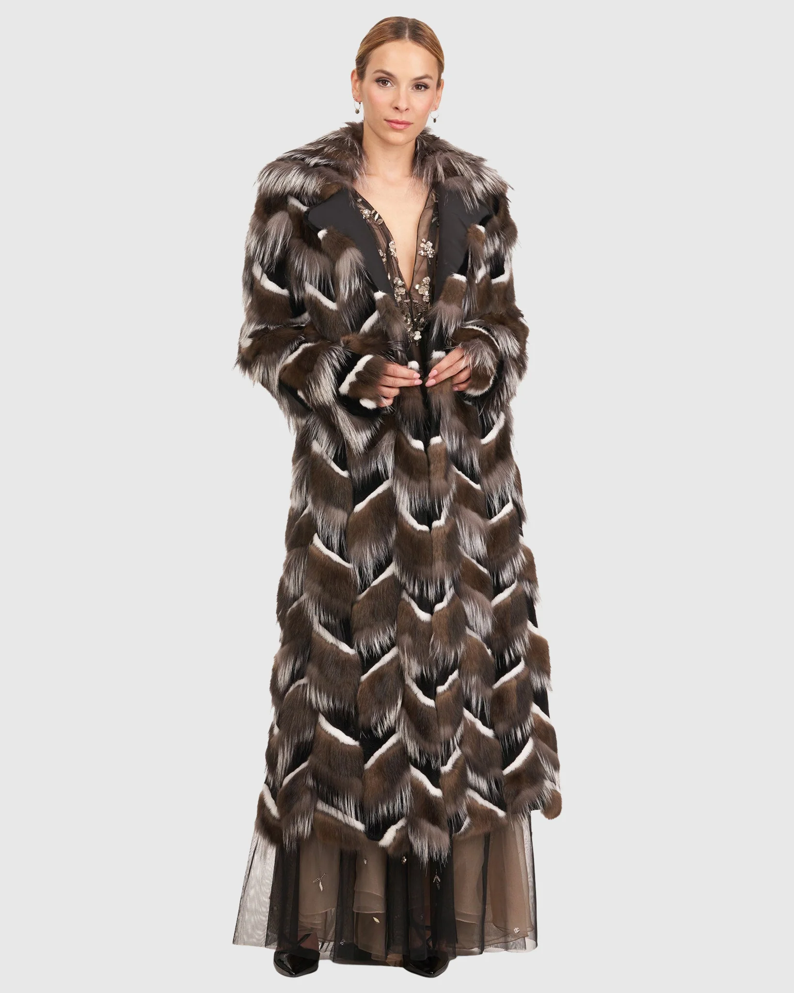 SABLE, MINK AND FOX INTARSIA COAT WITH BELT