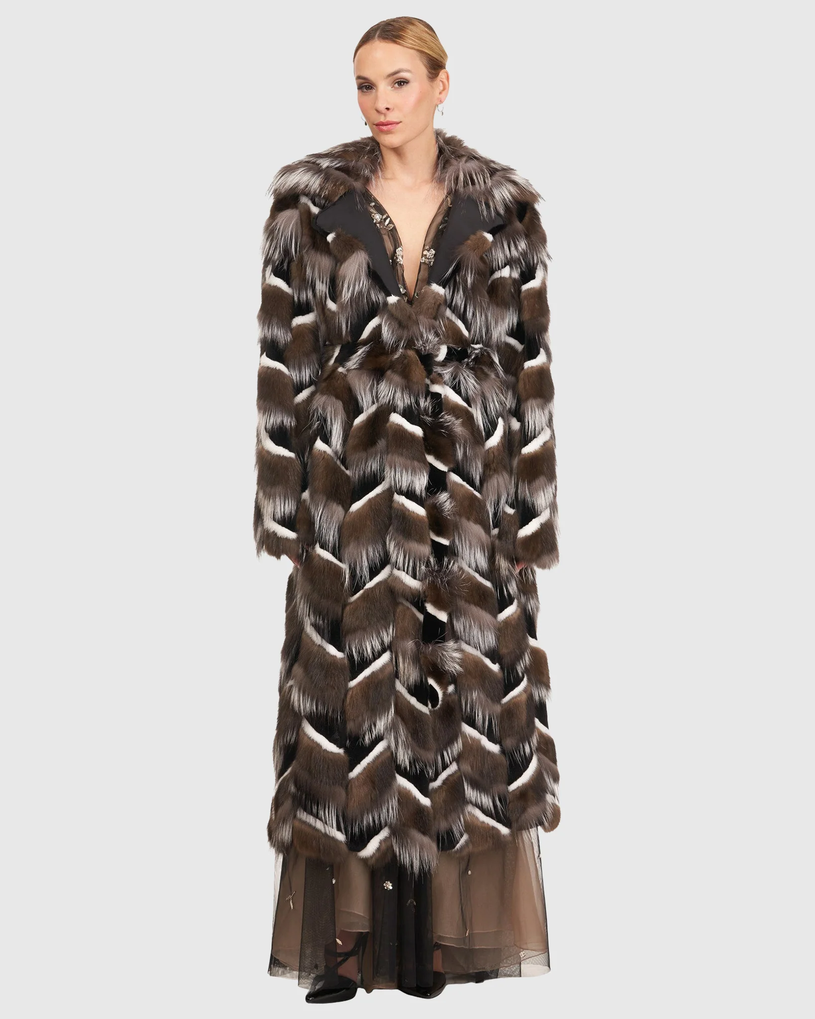 SABLE, MINK AND FOX INTARSIA COAT WITH BELT - Image 3