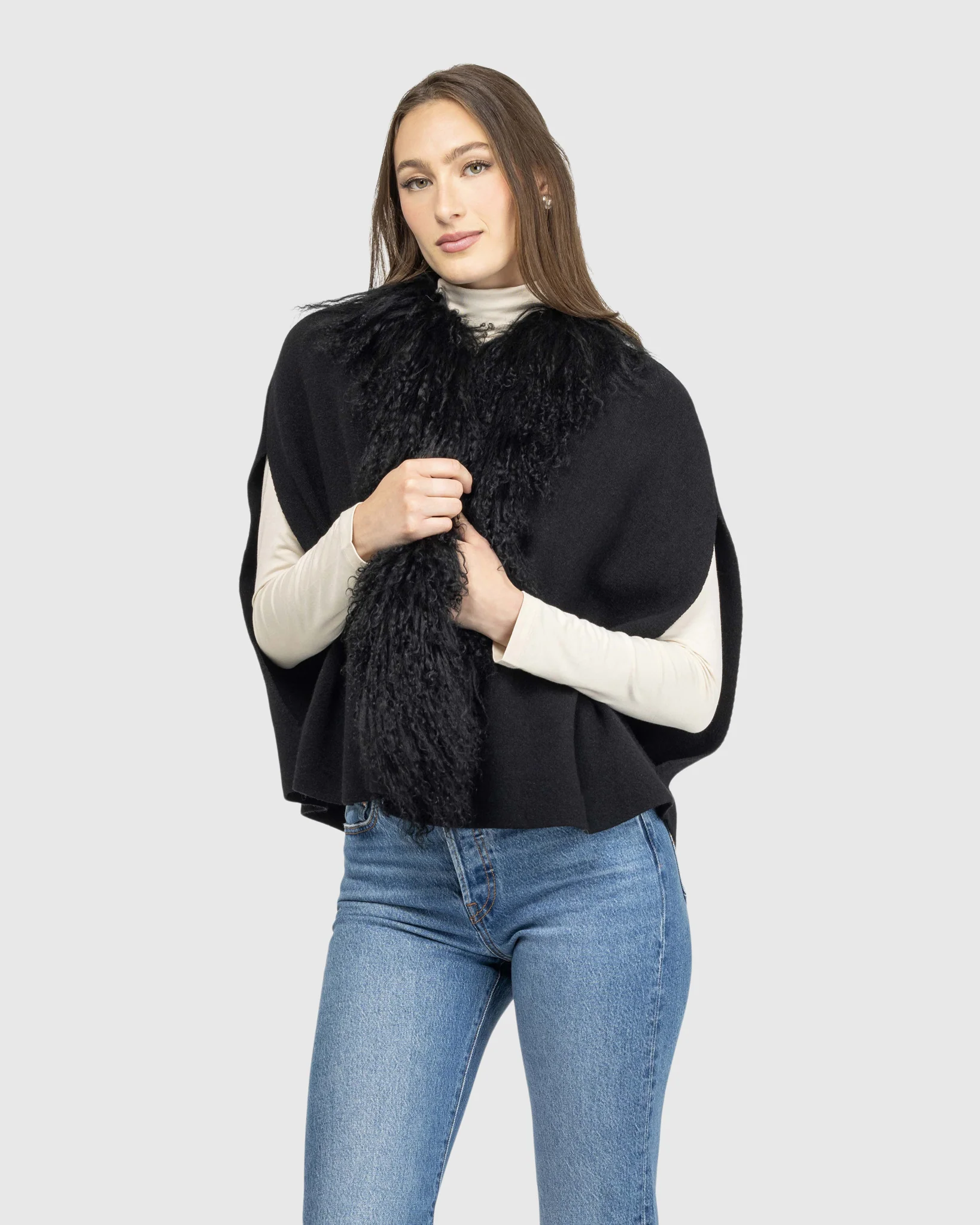 Select Cashmere And Merino Wool Blend Cape With Select Mongolian Lamb Trim - Image 7