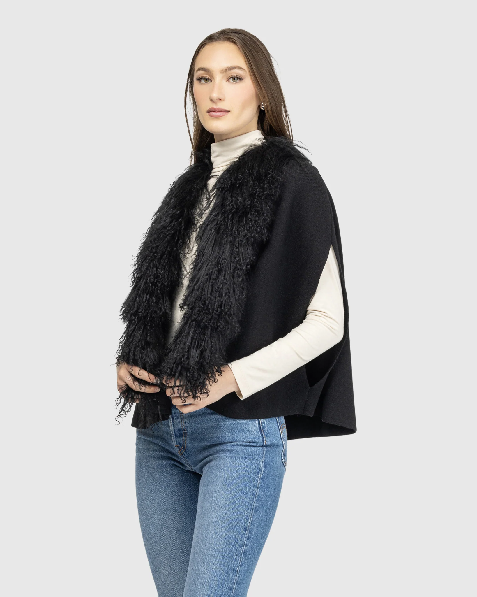 Select Cashmere And Merino Wool Blend Cape With Select Mongolian Lamb Trim - Image 9