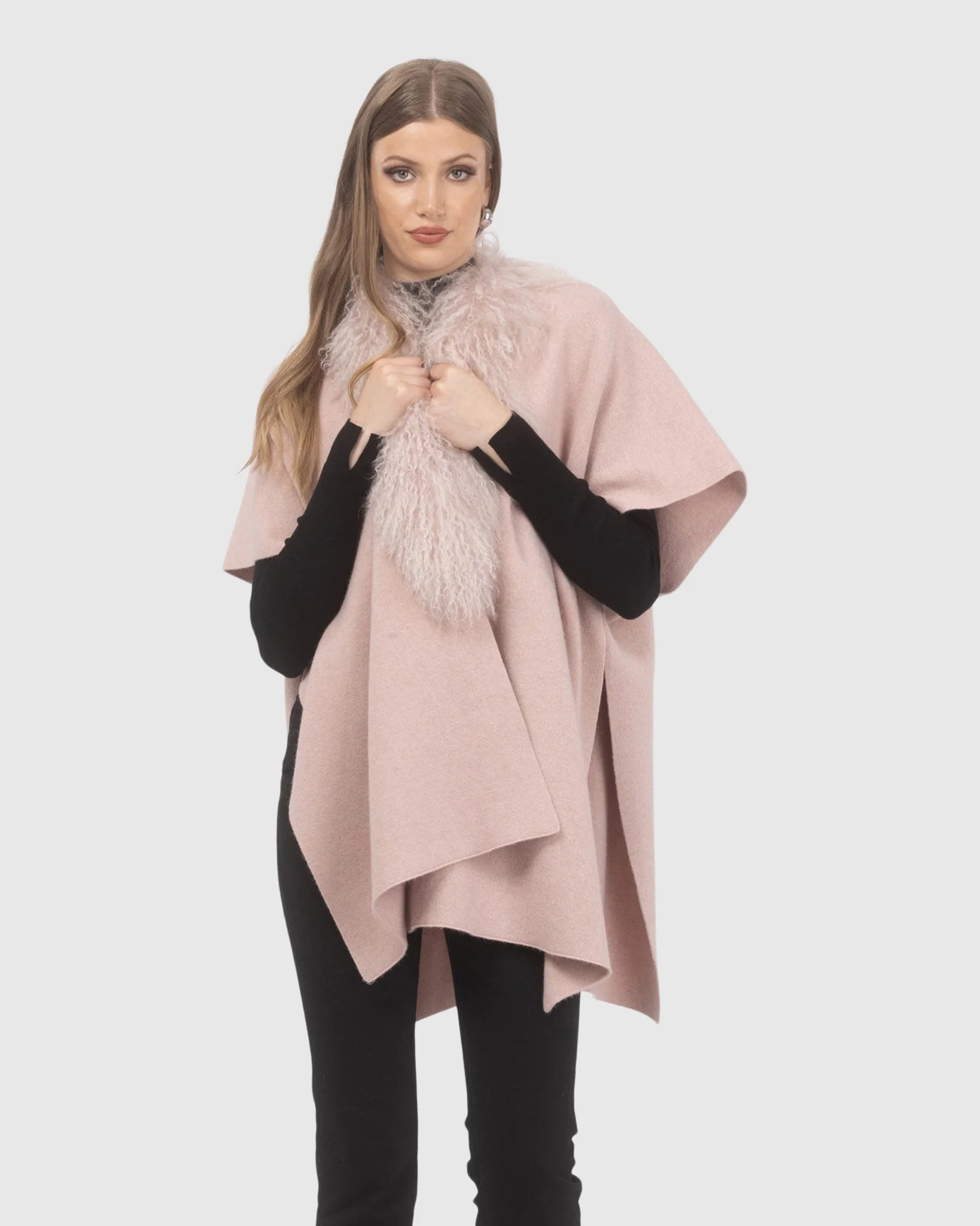 Select Cashmere And Merino Wool Blend Cape With Select Mongolian Lamb Trim - Image 9